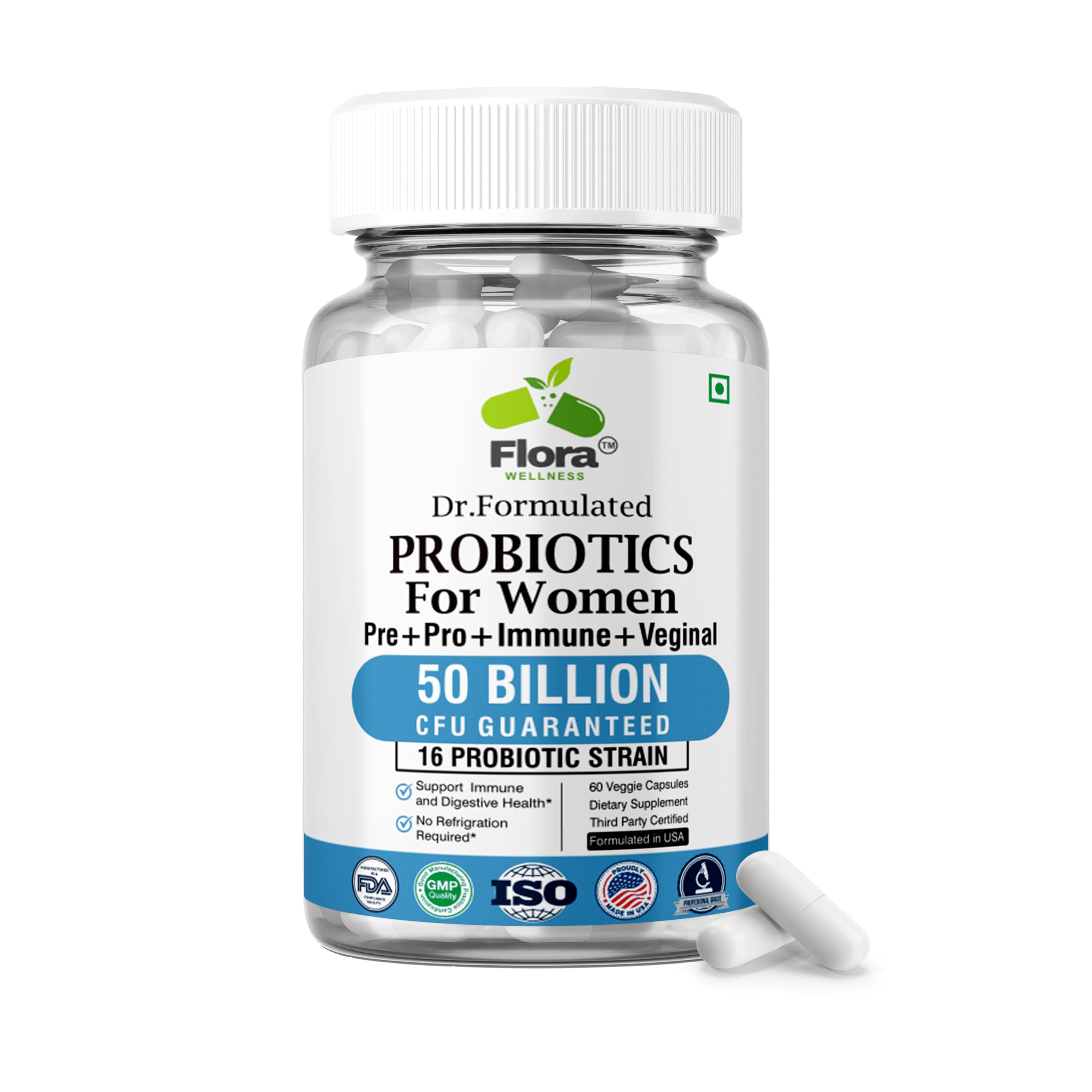 FLORA WELLNESS Probiotics for Women bottle pour for daily digestive balance