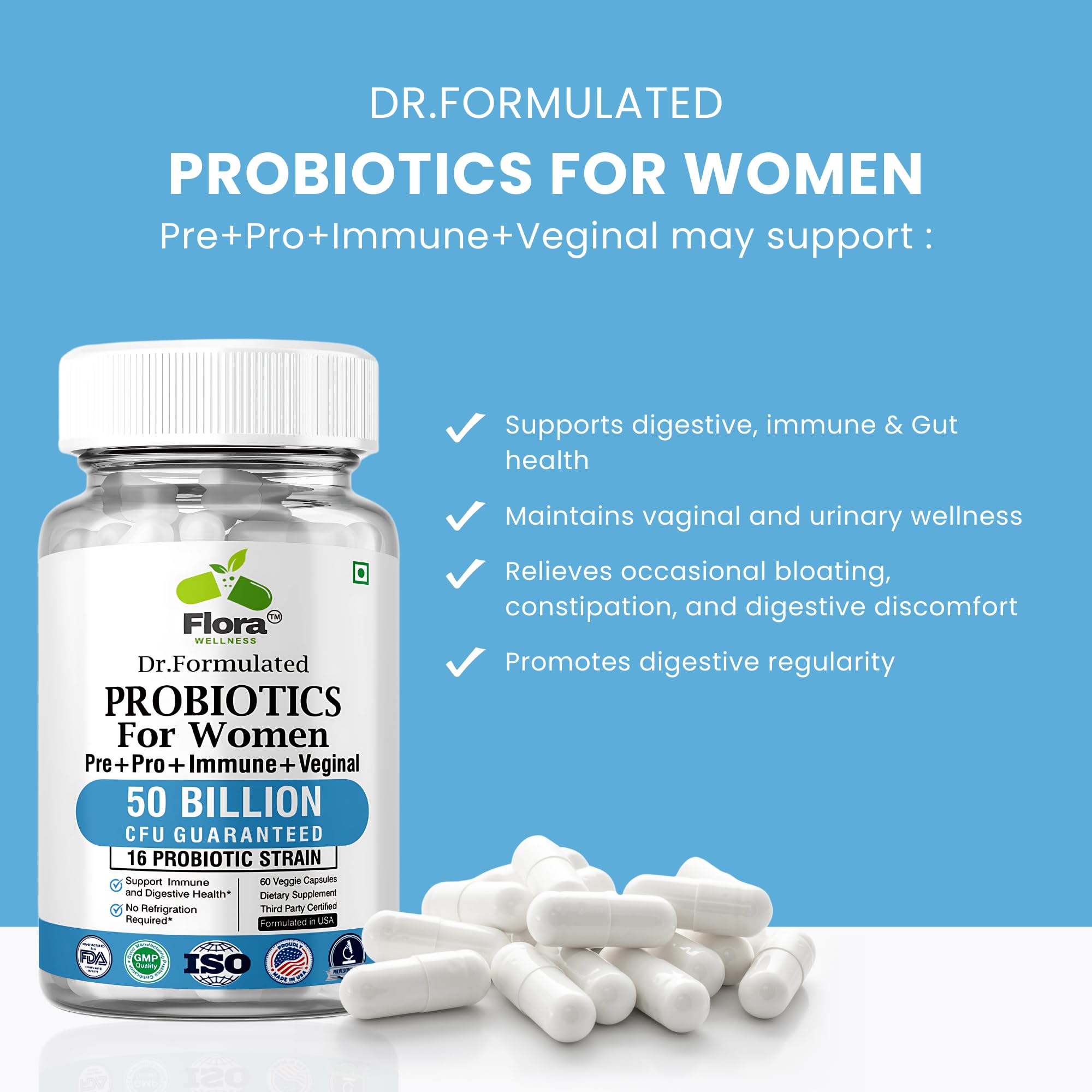 FLORA WELLNESS Probiotics for Women capsules close-up for gut health