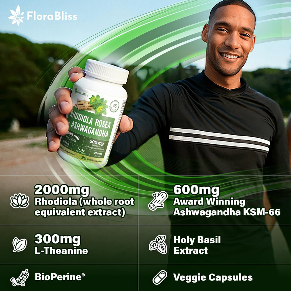 FloraBliss Ashwagandha KSM-66 bottle label close-up for stress resilience