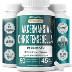 FloraBliss bottle front label showing 90 capsules for daily gut support.
