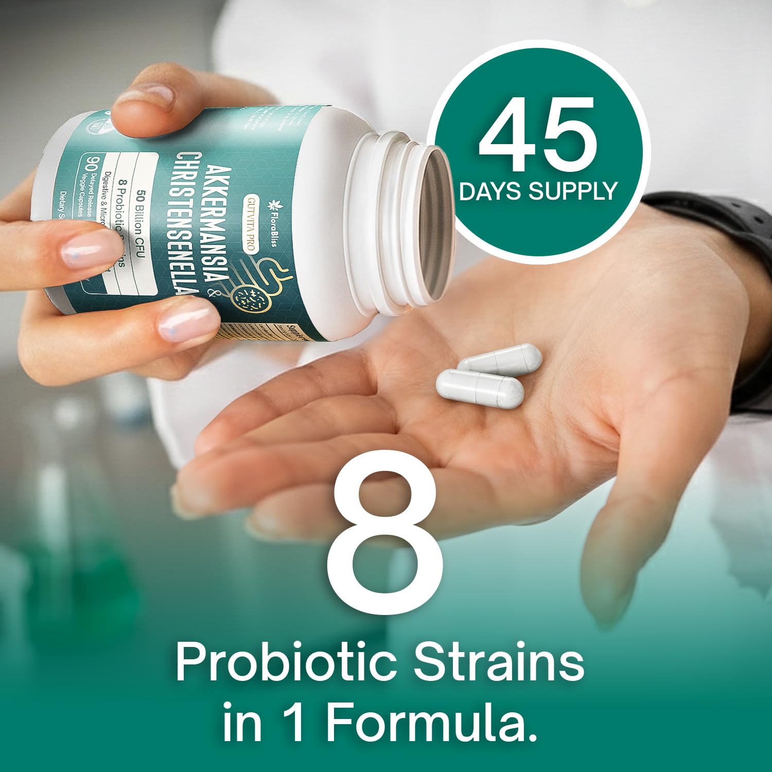 FloraBliss enteric-coated capsules protecting contents from acid.