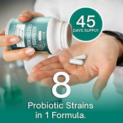 FloraBliss enteric-coated capsules protecting contents from acid.