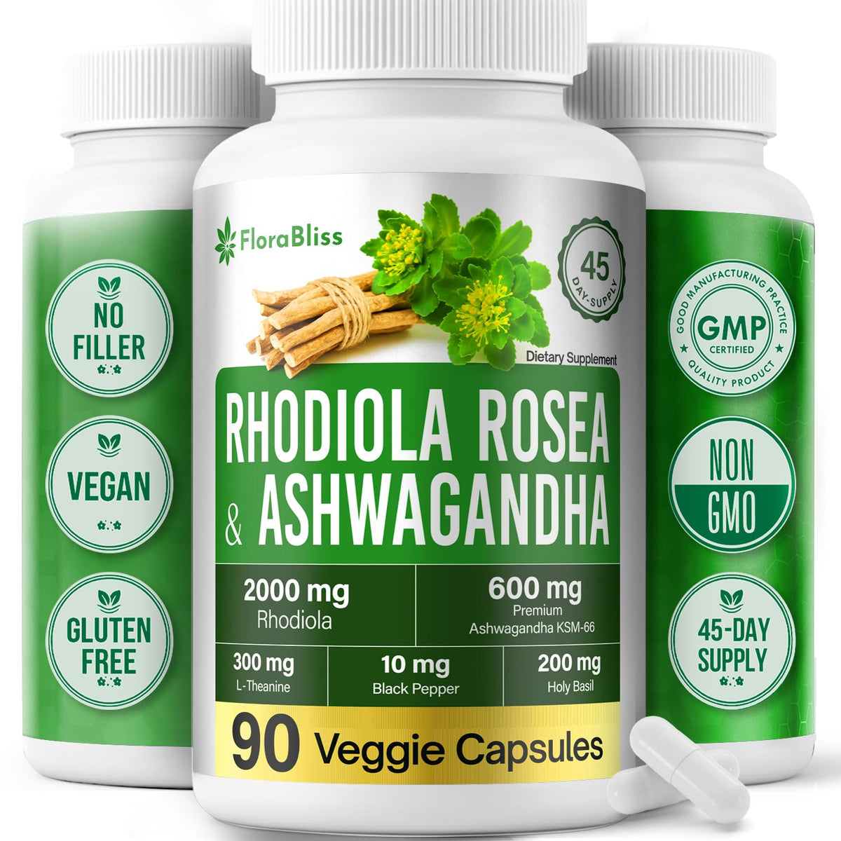 FloraBliss Rhodiola Rosea bottle front view for daily energy support