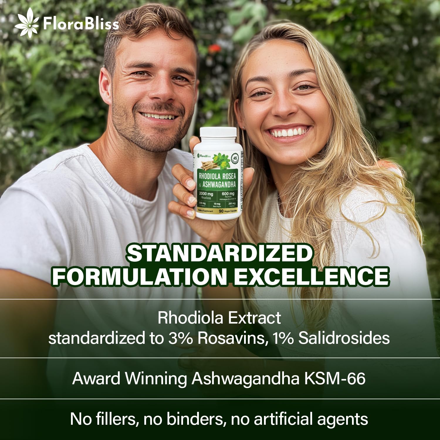 FloraBliss Rhodiola Rosea capsules close-up for potency and daily resilience