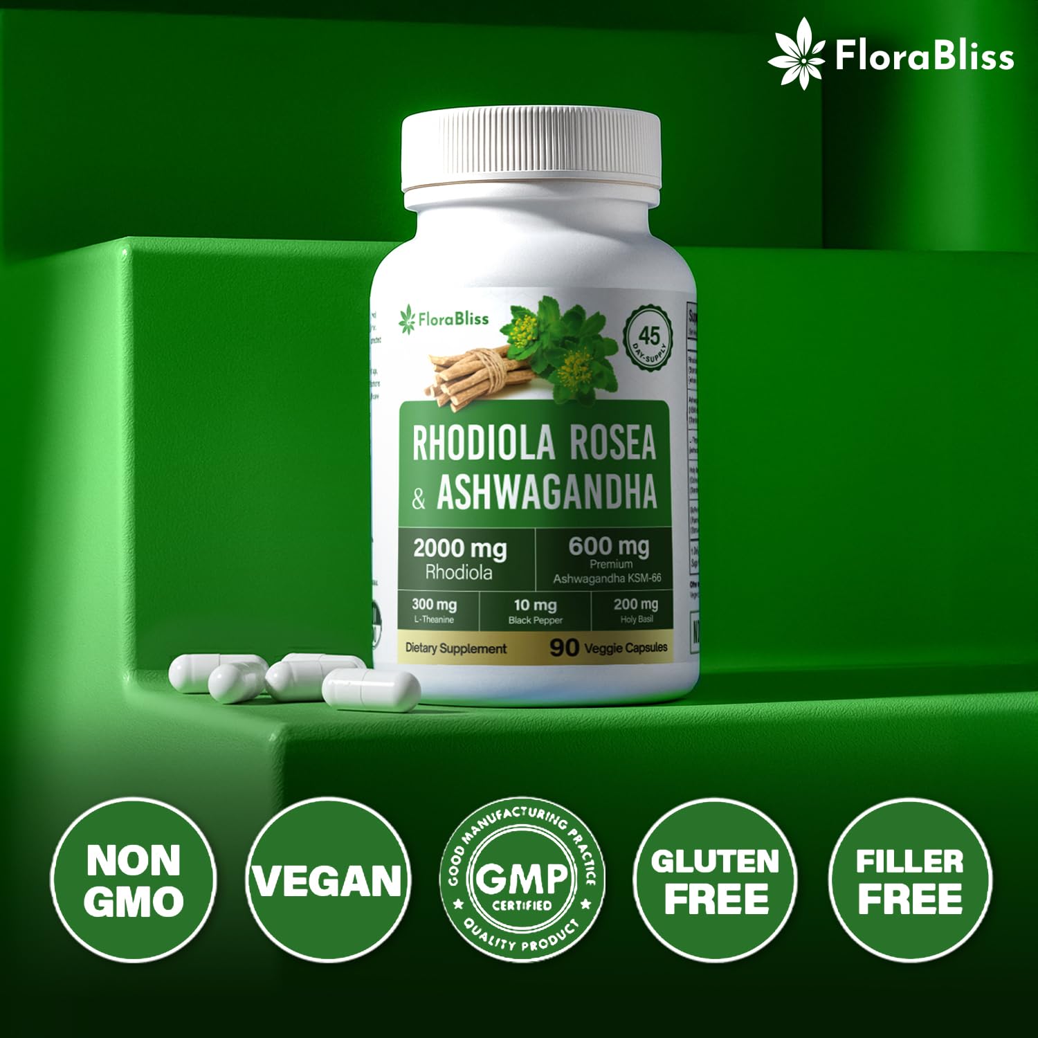 FloraBliss Vegan capsules on desk with glass of water