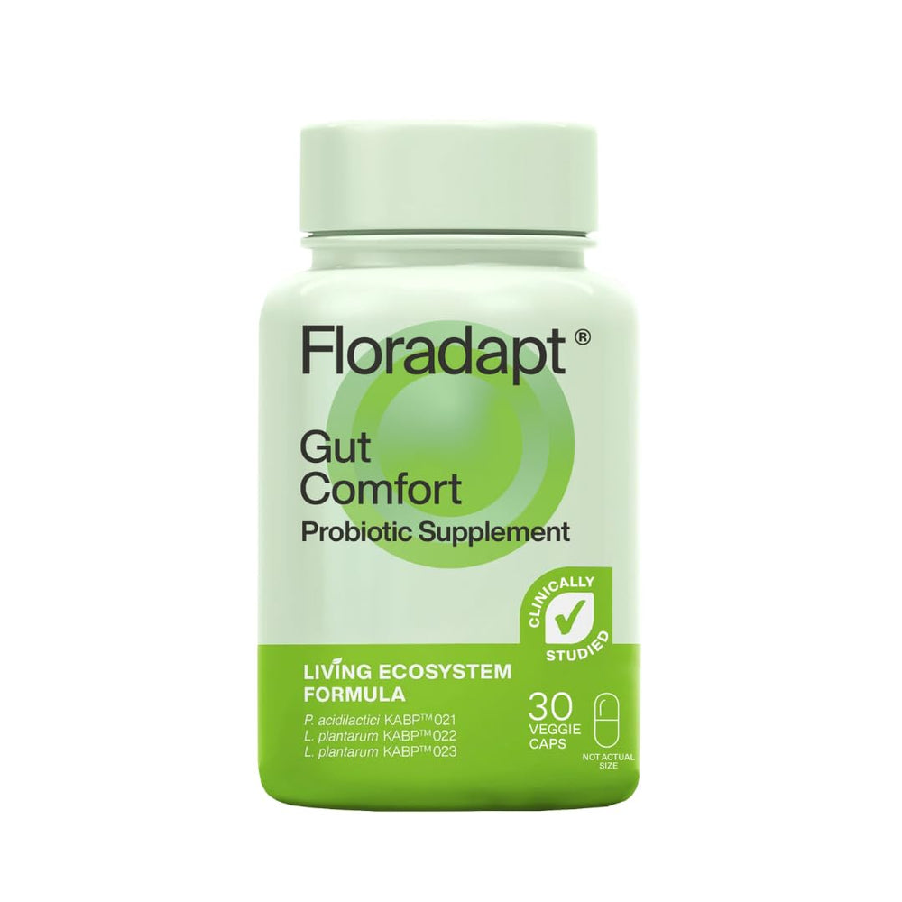 Floradapt Gut Comfort probiotic bottle for daily gut support.