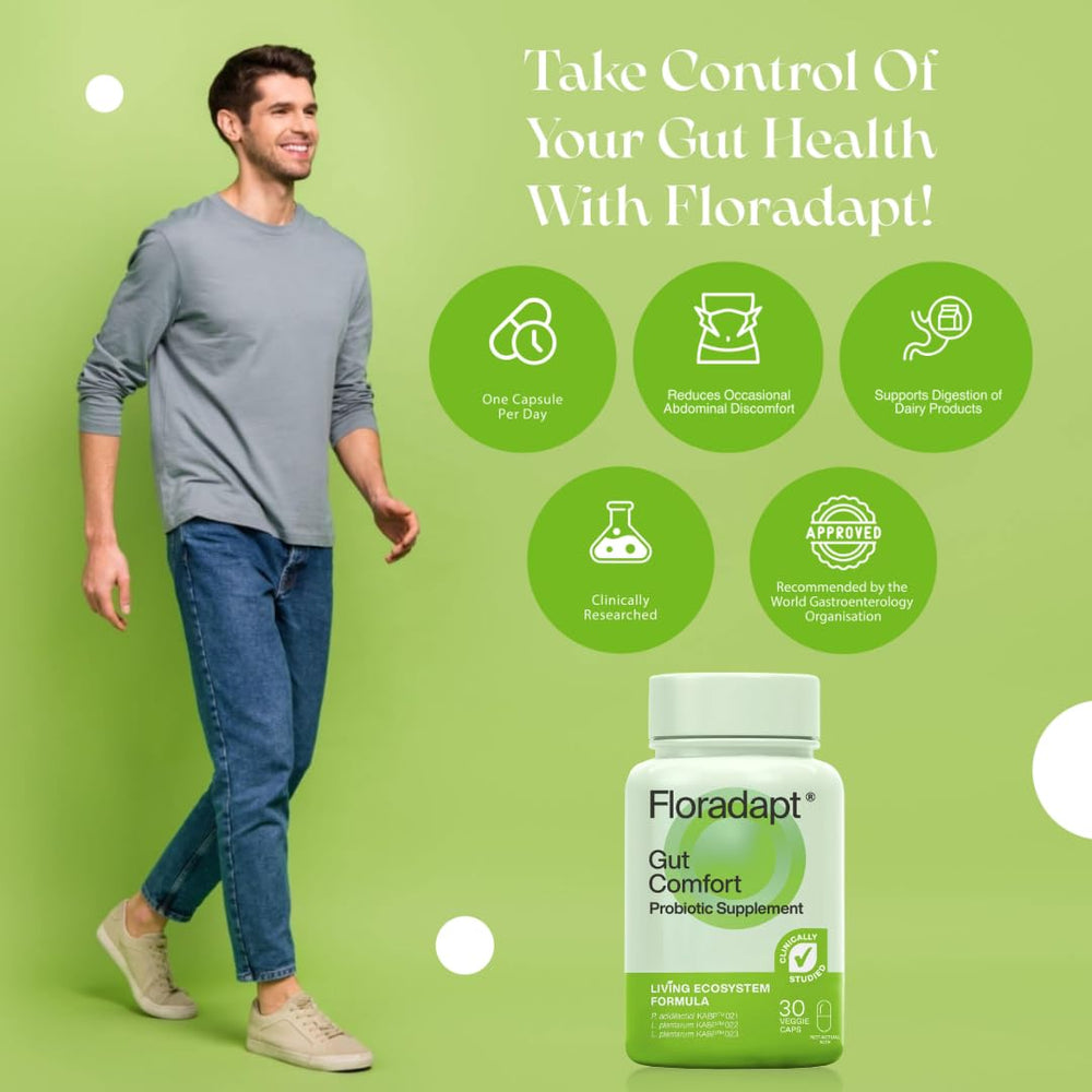 Floradapt Gut Comfort probiotic capsules for balanced digestion.