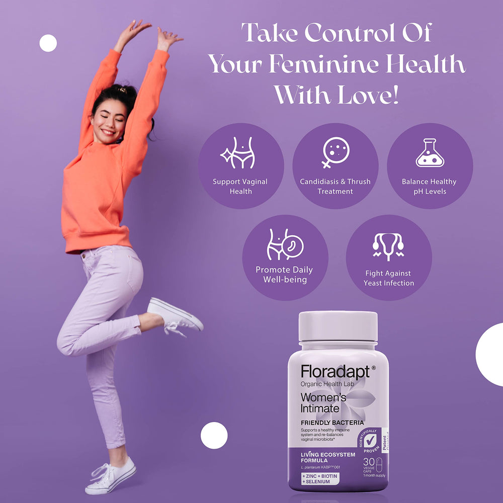 Floradapt Women's Intimate Probiotics label closeup, certified organic formula
