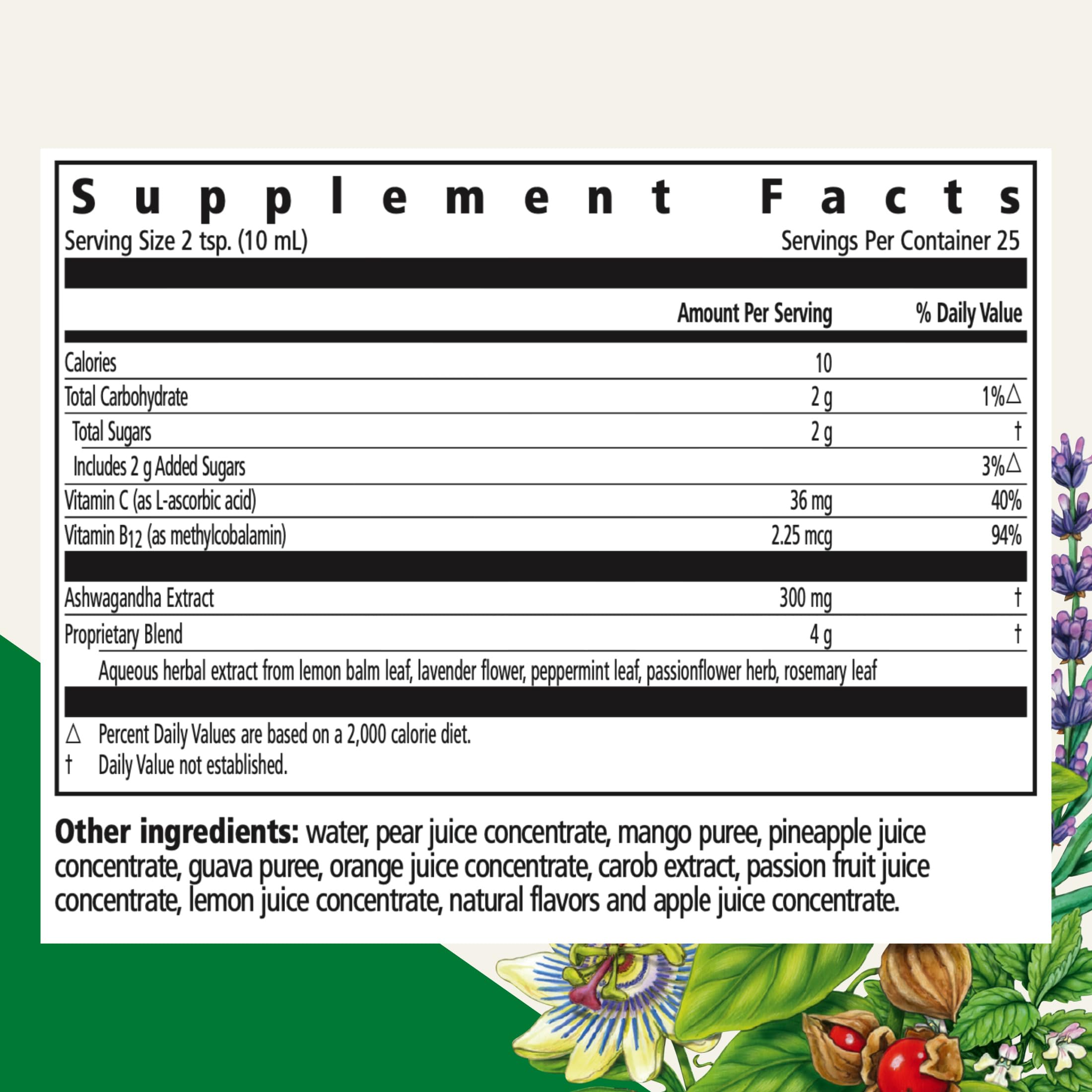 Floradix Ashwagandha liquid label showing clean, German-made purity and vegan formula.