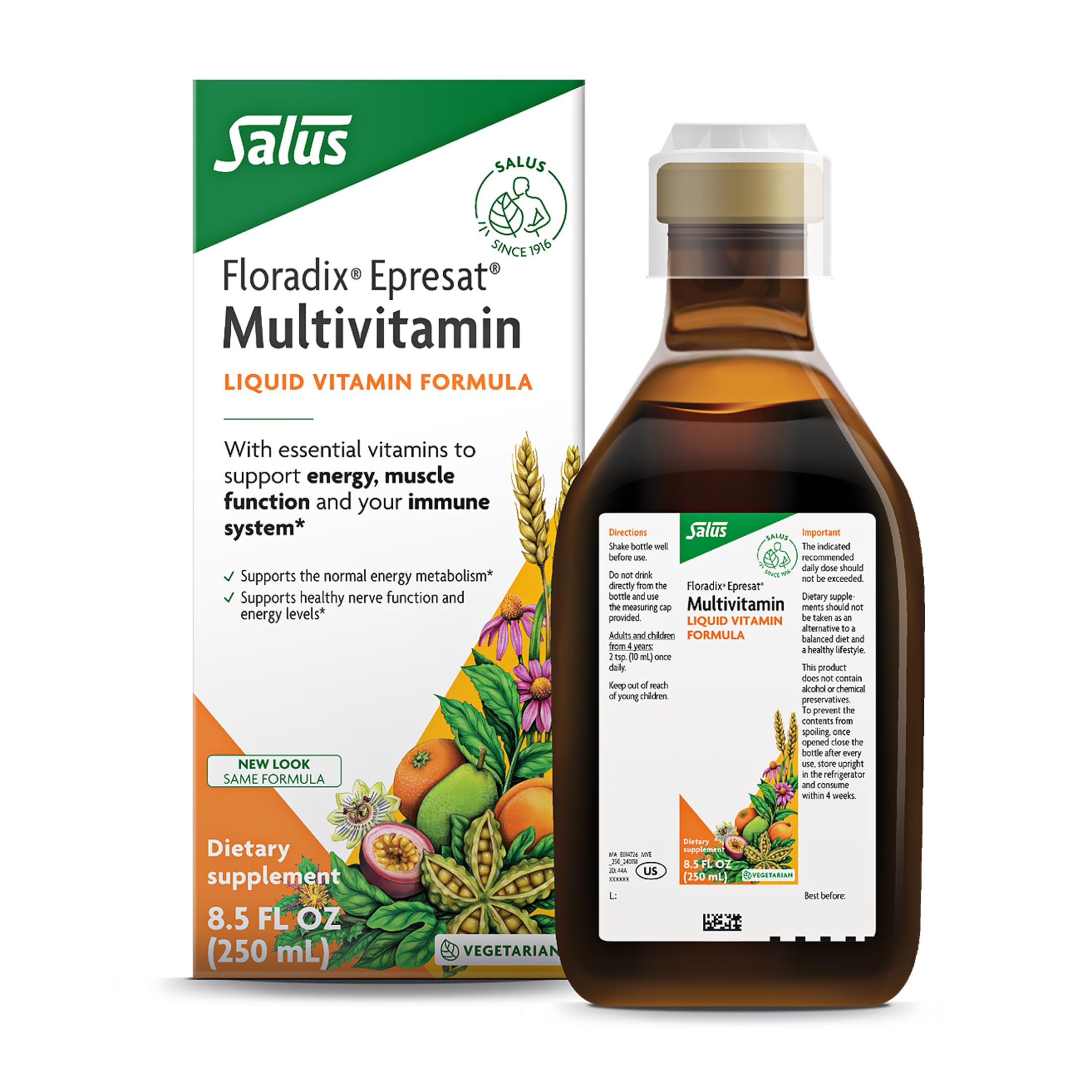 Floradix Epresat bottle label shows vitamin-rich blend for daily energy.