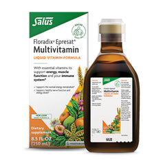 Floradix Epresat bottle label shows vitamin-rich blend for daily energy.