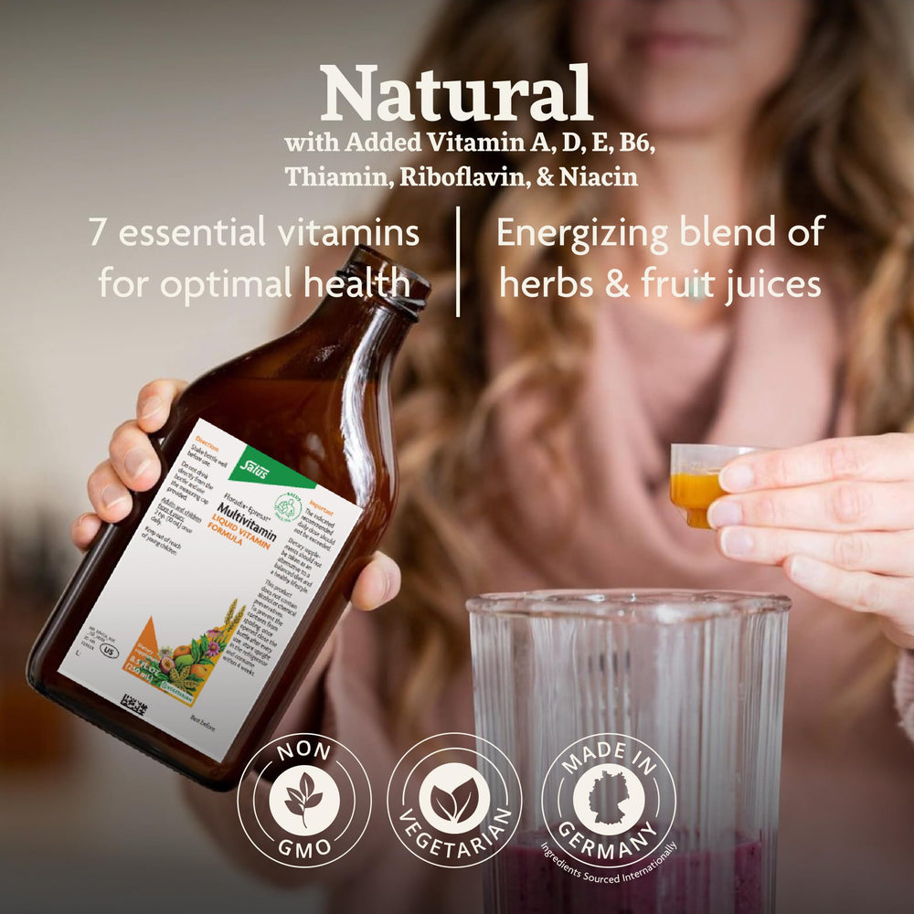 Glass with amber liquid suggests easy absorption and daily use.