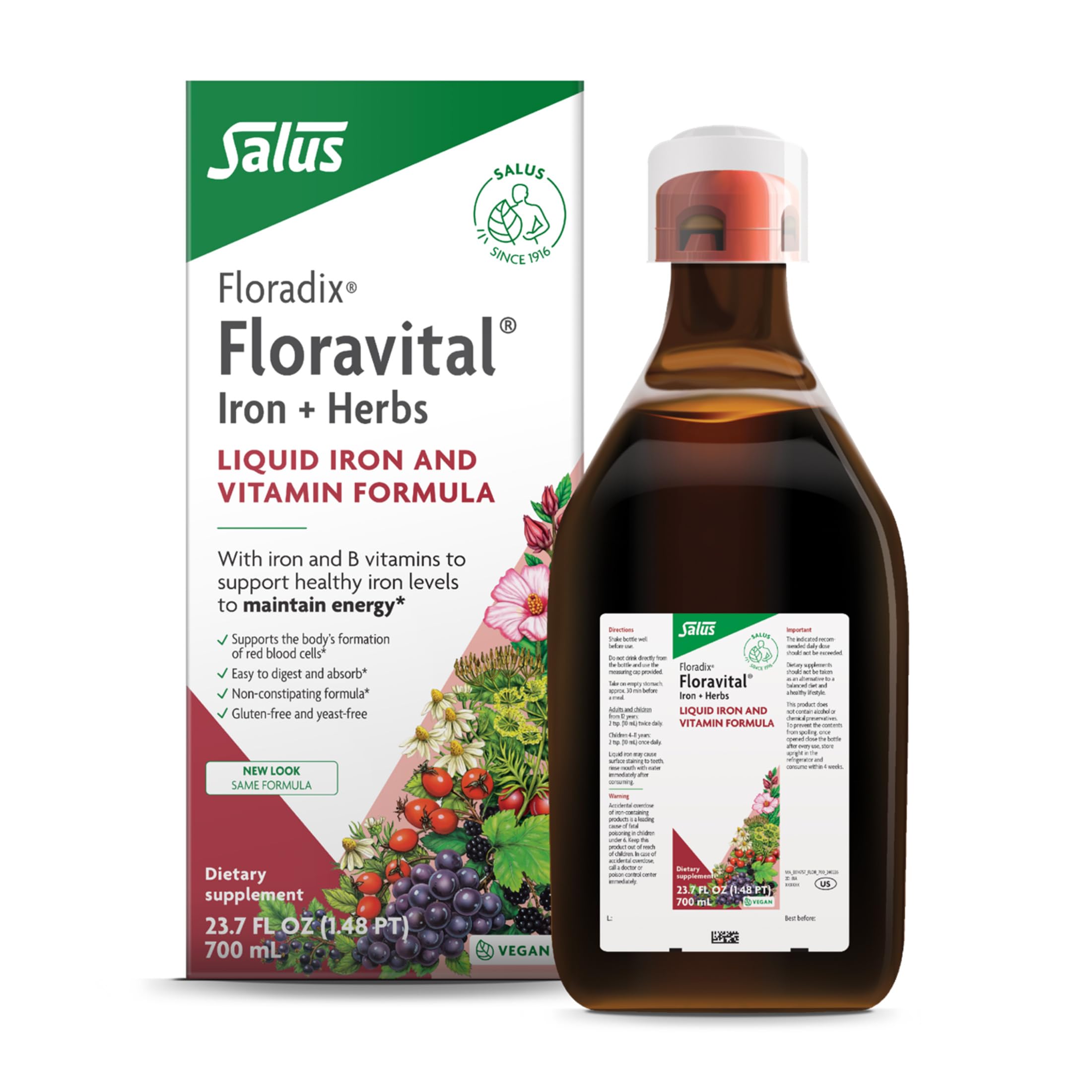 Floradix Floravital bottle front showing vegan iron supplement label for energy support