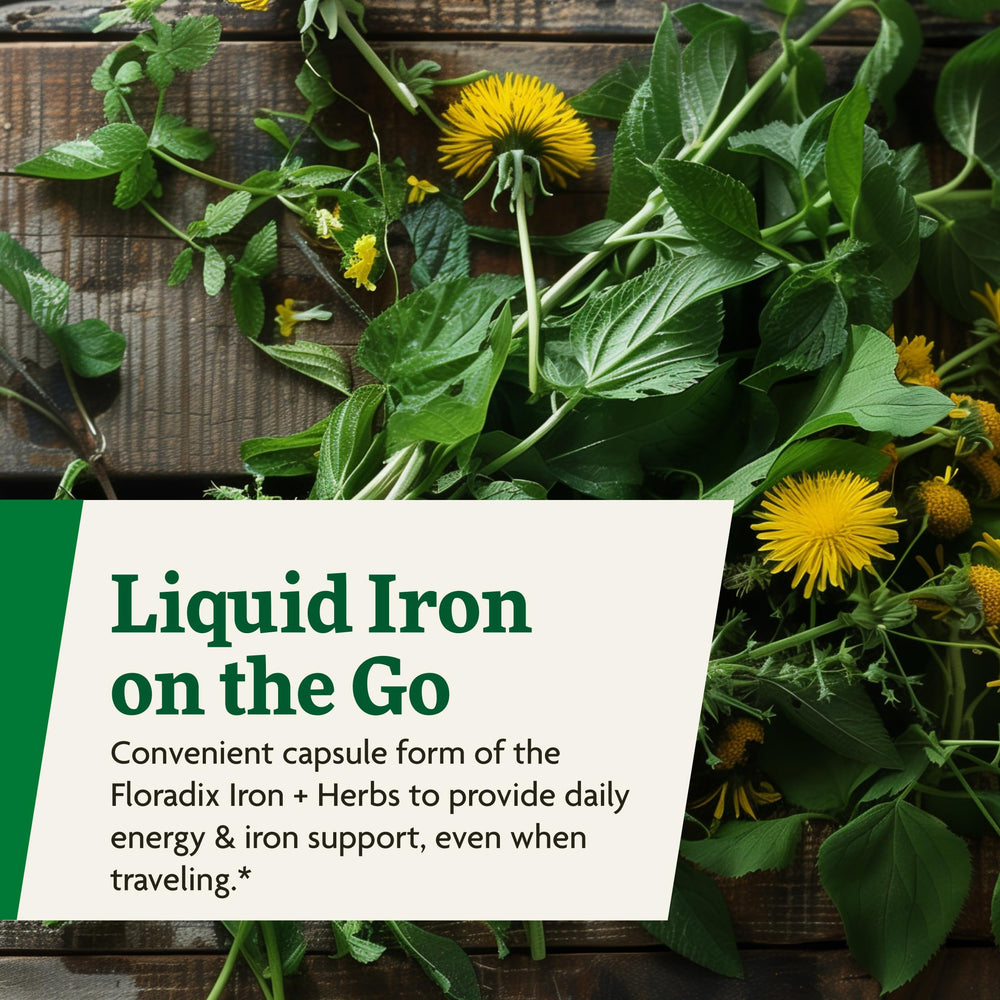 Floradix Iron + Herbs alcohol-free gluten-free soy-free statement on packaging.