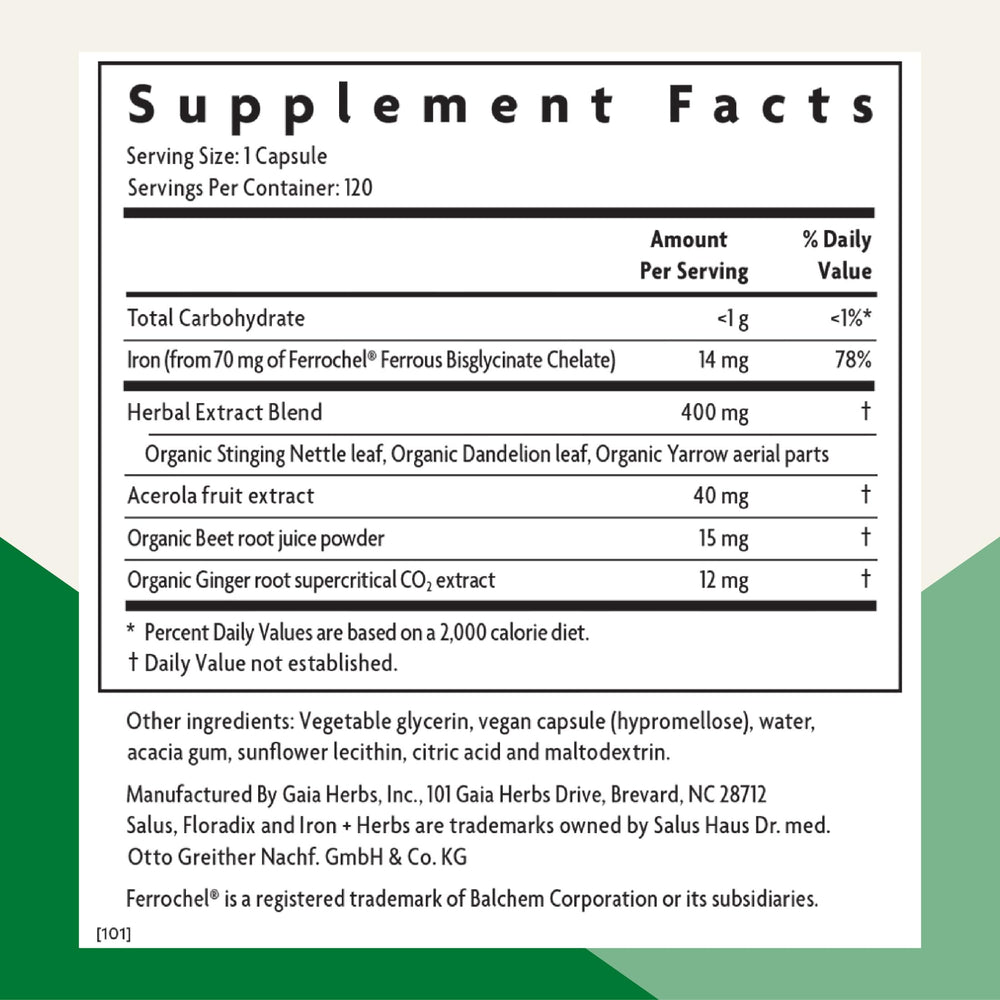Close-up of Floradix label showing vegan, non-GMO, gluten-free attributes