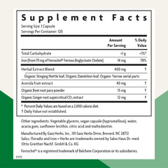 Close-up of Floradix label showing vegan, non-GMO, gluten-free attributes