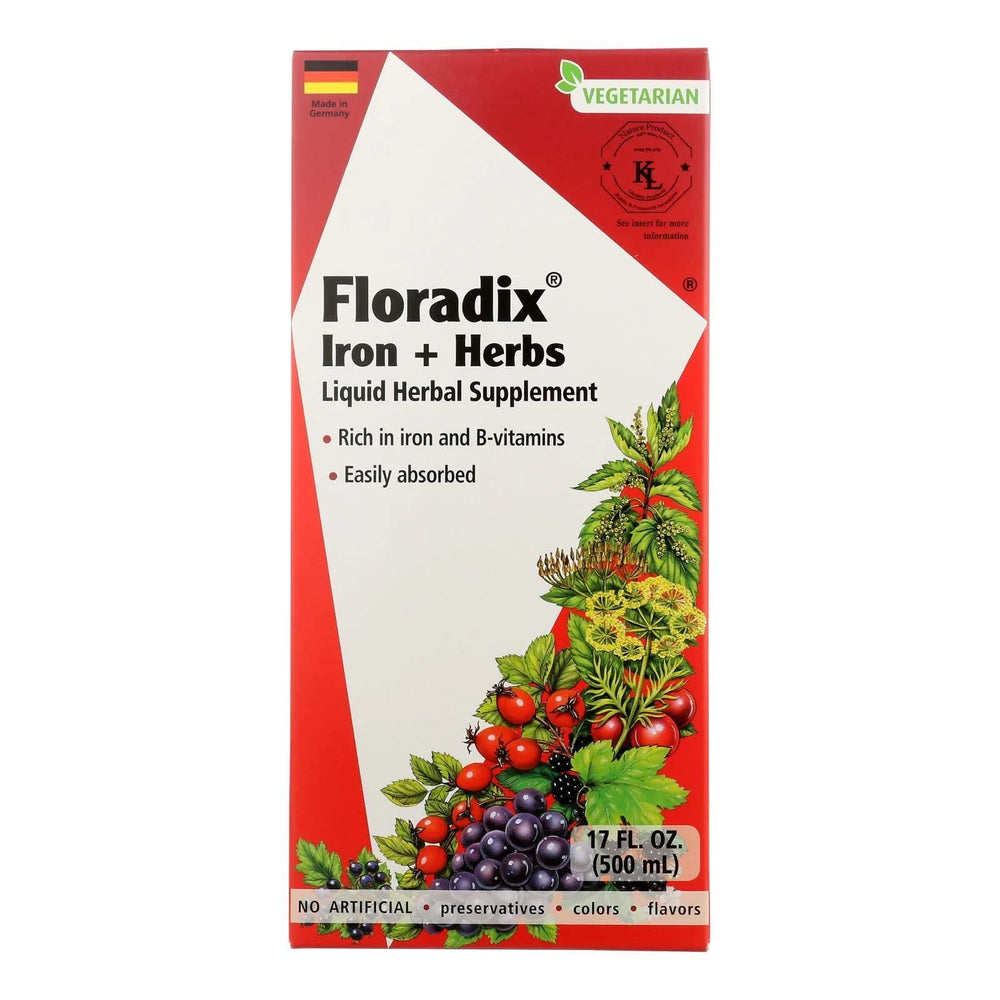 Floradix Iron and Herbs bottle pour highlights convenient liquid iron with herbal blend