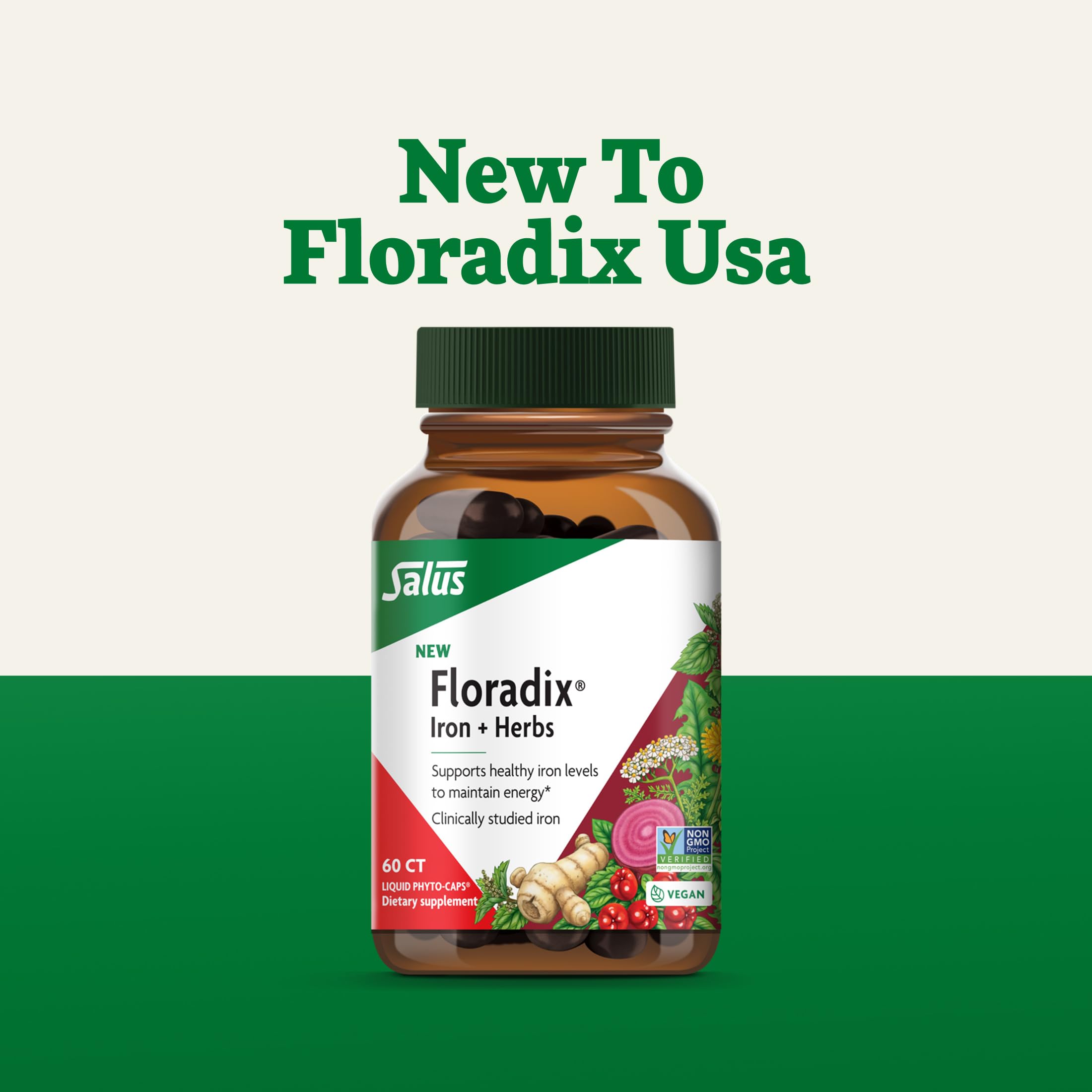Floradix Iron + Herbs bottle with spoon for convenient measuring.