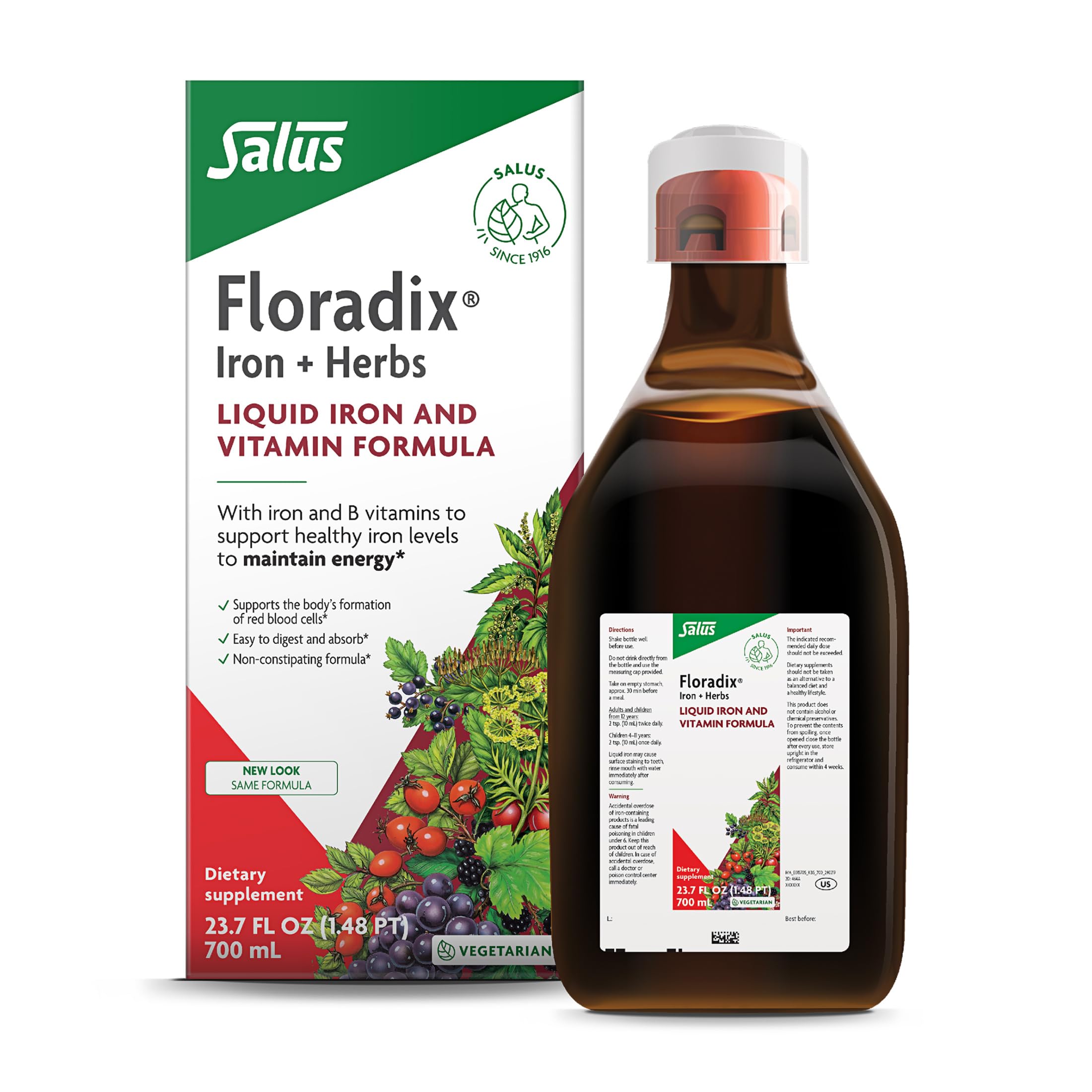 Floradix Iron & Herbs bottle shows liquid iron for daily energy support