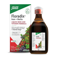 Floradix Iron & Herbs bottle shows liquid iron for daily energy support