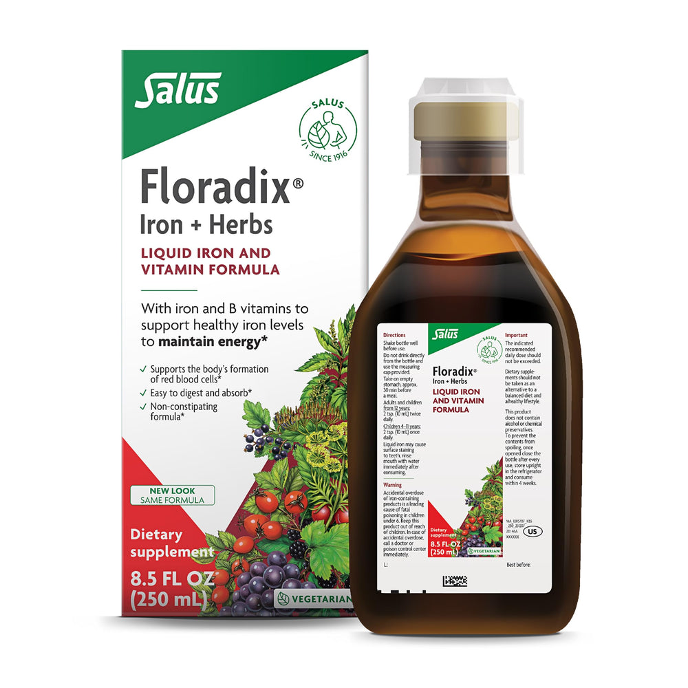 Floradix Iron & Herbs bottle pour supports daily energy.