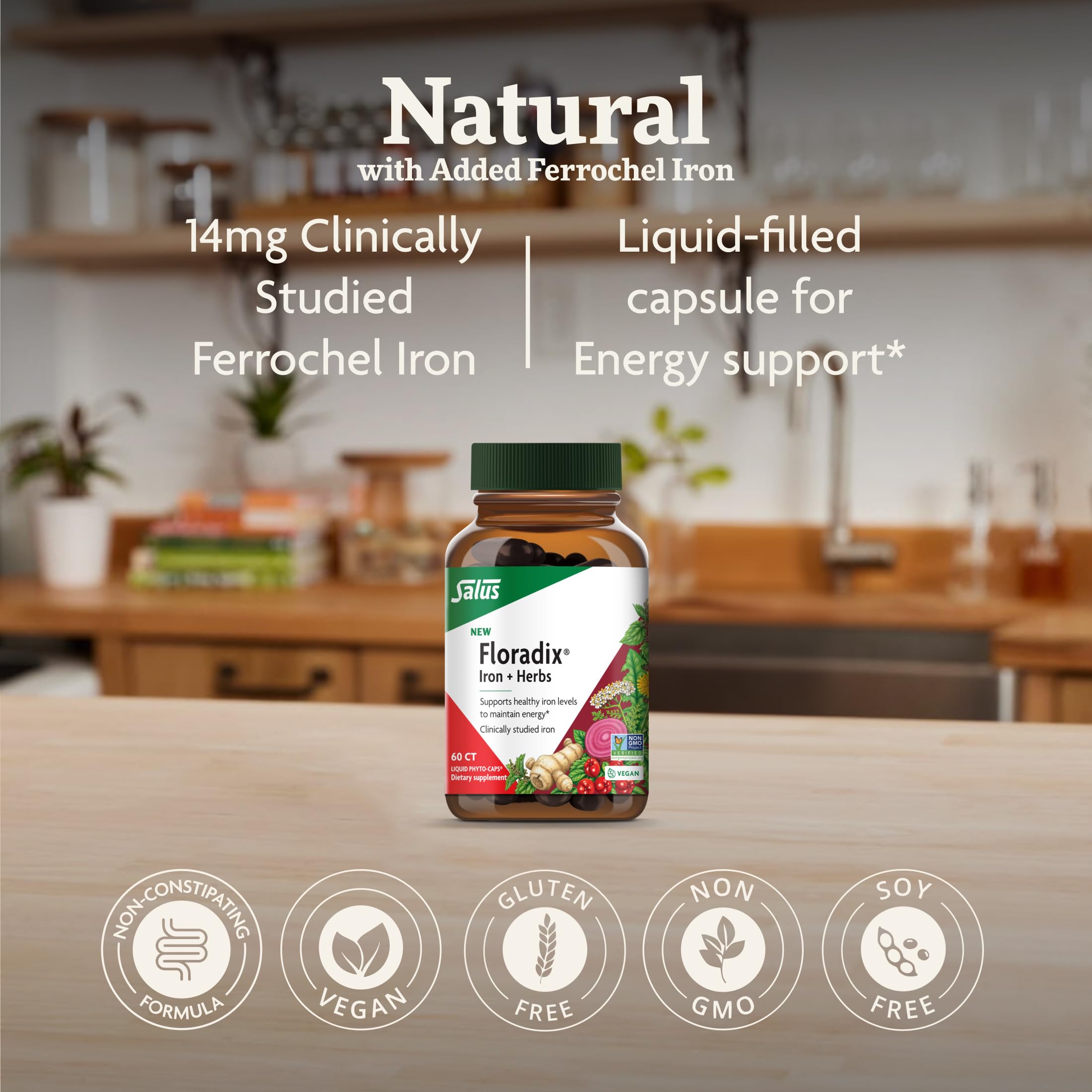 Floradix Iron + Herbs label closeup showing vegan and non-GMO features.