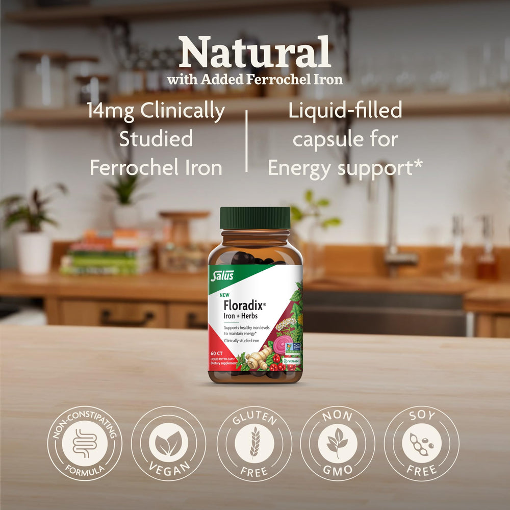 Floradix Iron + Herbs label closeup showing vegan and non-GMO features.