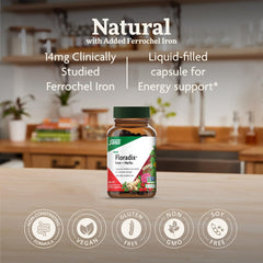 Floradix Iron + Herbs label closeup showing vegan and non-GMO features.