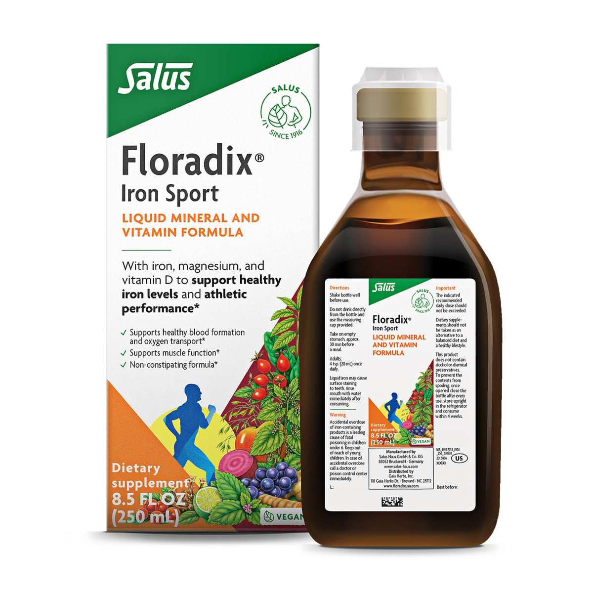 Floradix Iron Sport front bottle view for daily workout energy support.
