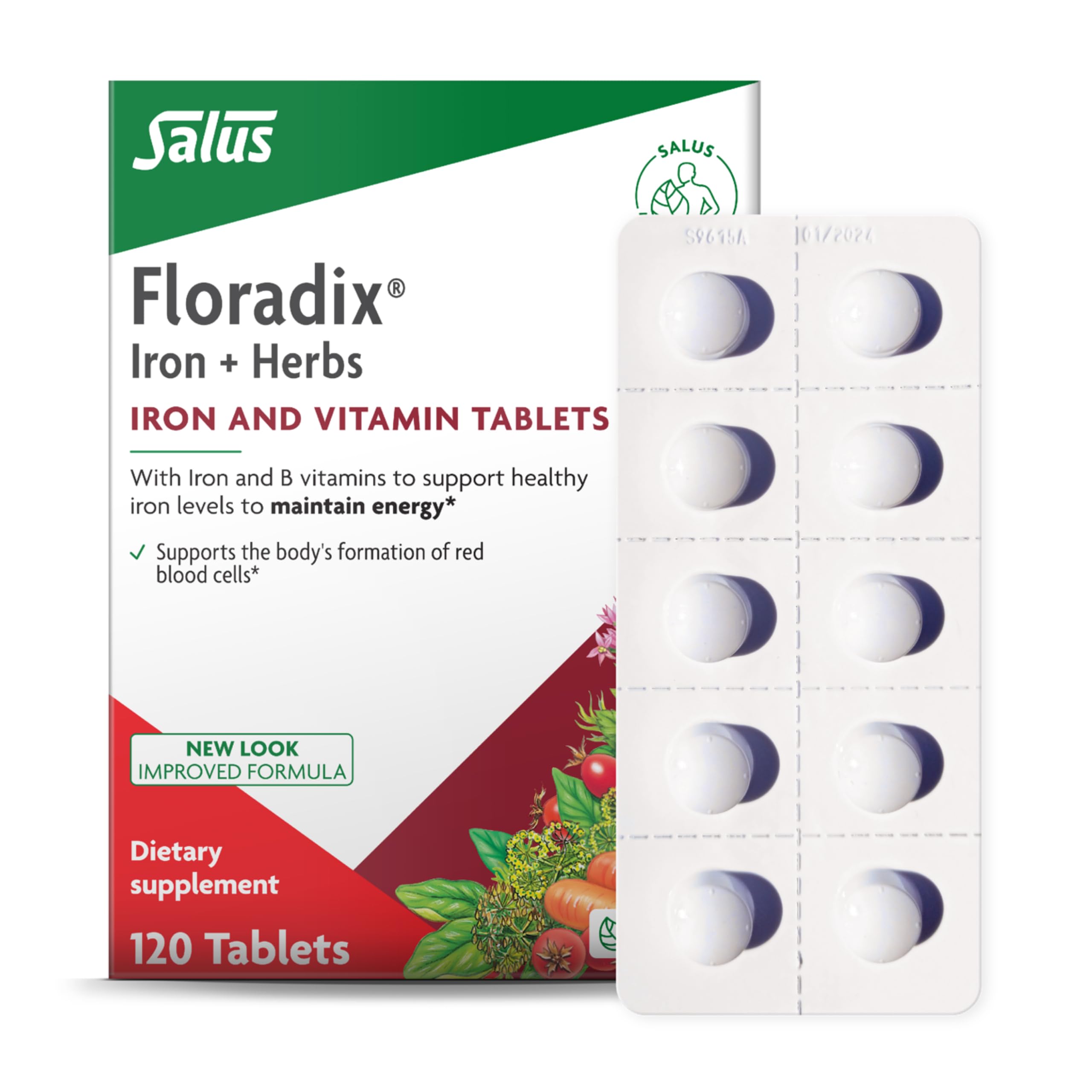 Floradix Iron Tablets bottle showing iron with B vitamins for daily energy support.
