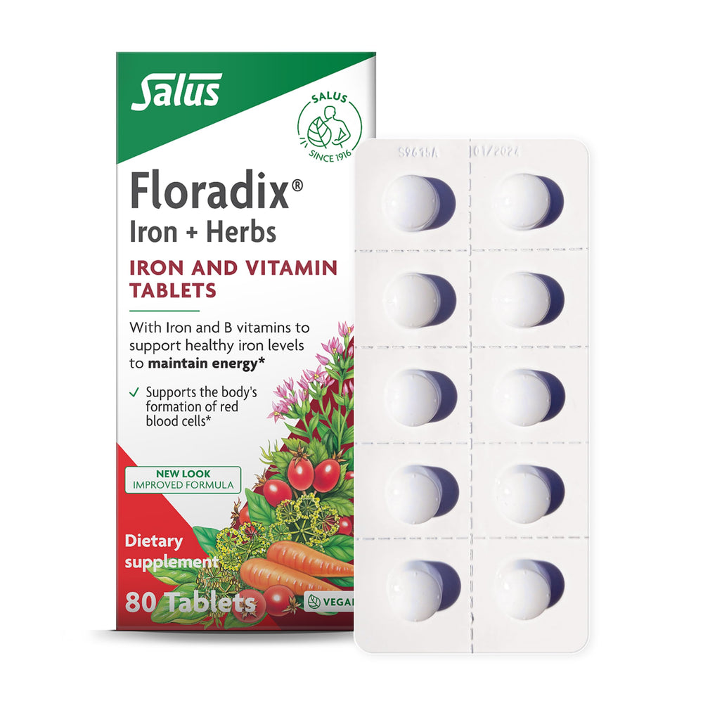 Floradix Iron Tablets bottle, convenient vegetarian iron supplement for daily use.