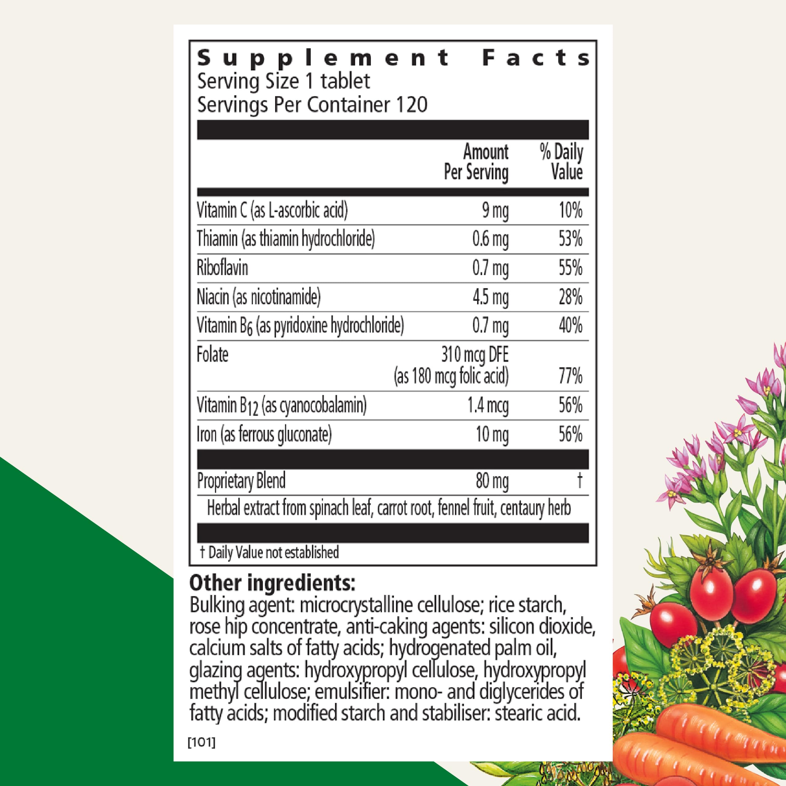 Floradix Iron Tablets packaging front highlighting vegan, gluten-free, and alcohol-free formulation.