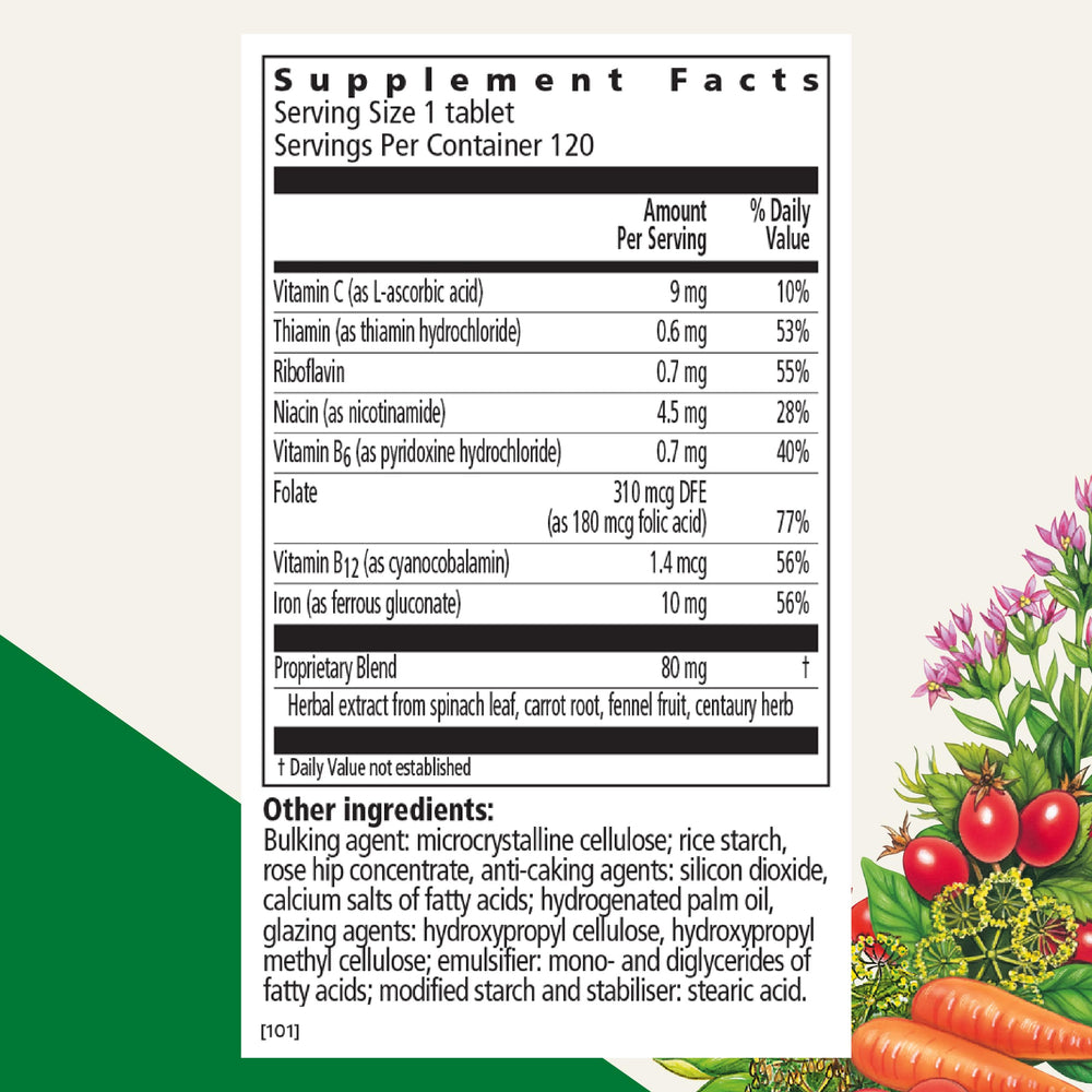 Floradix Iron Tablets packaging front highlighting vegan, gluten-free, and alcohol-free formulation.