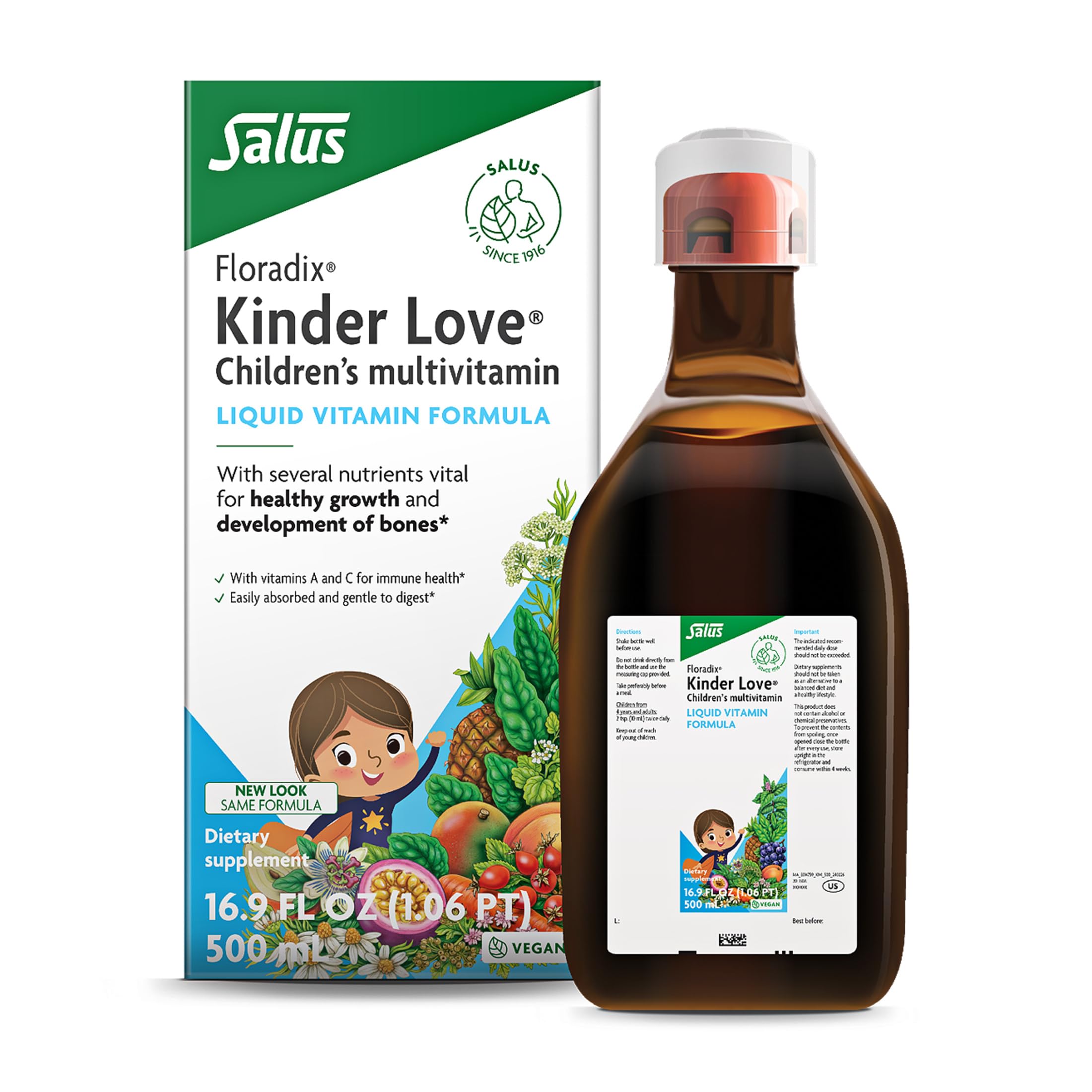 Floradix Kinder Love bottle being poured, supports daily nutrition for growing kids.