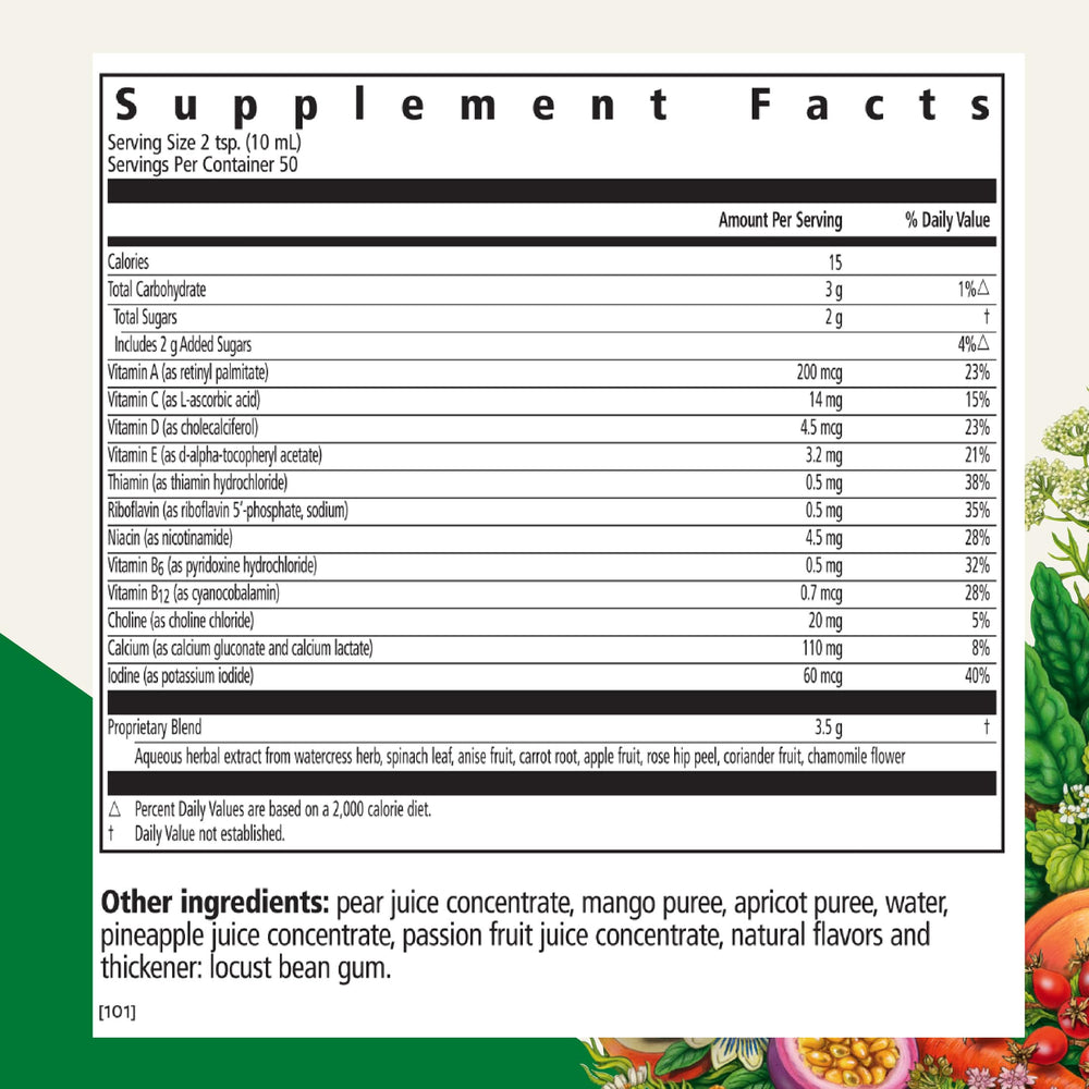 Floradix Kinder Love label close-up highlighting essential vitamins for healthy growth.