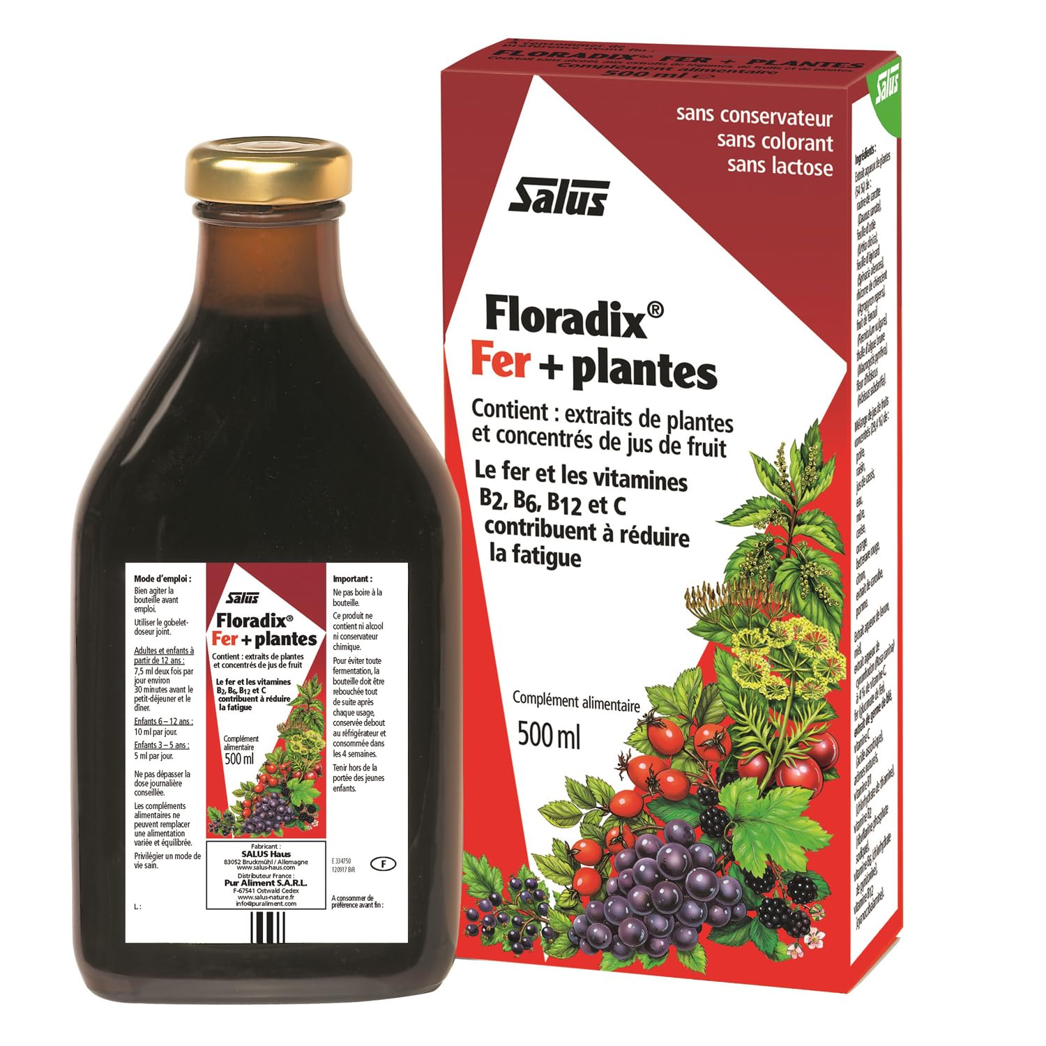 Floradix bottle label highlights organic iron and vitamin blend for daily vitality