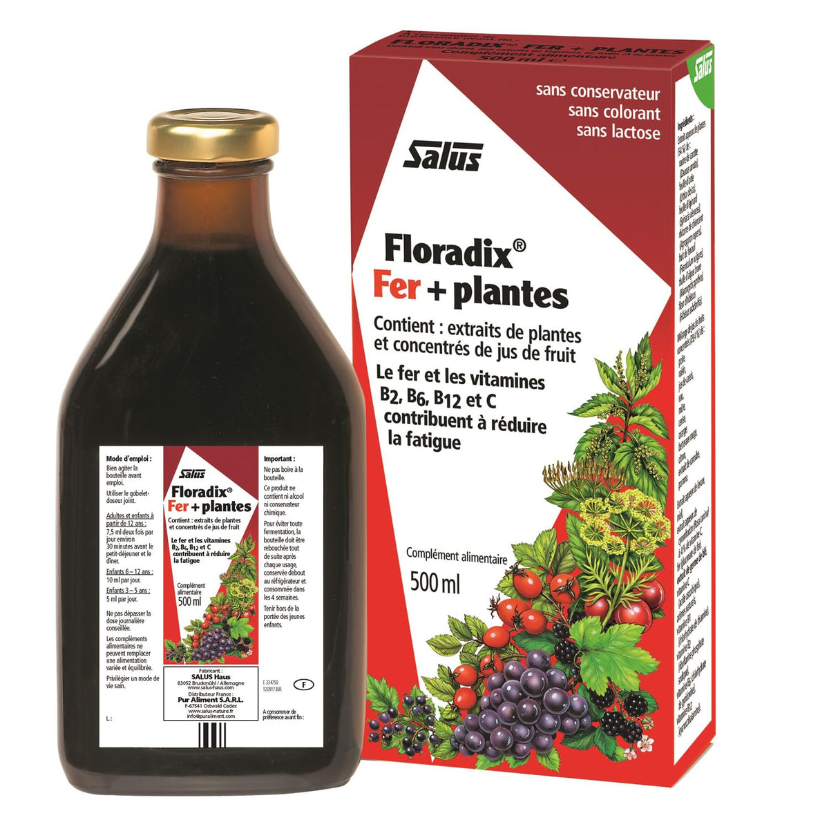 Floradix bottle label highlights organic iron and vitamin blend for daily vitality