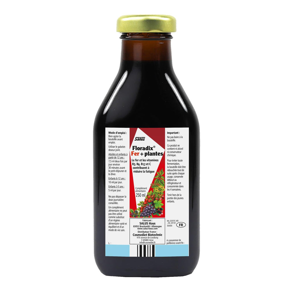 Floradix label close-up featuring vitamin B and C for energy-supporting metabolism