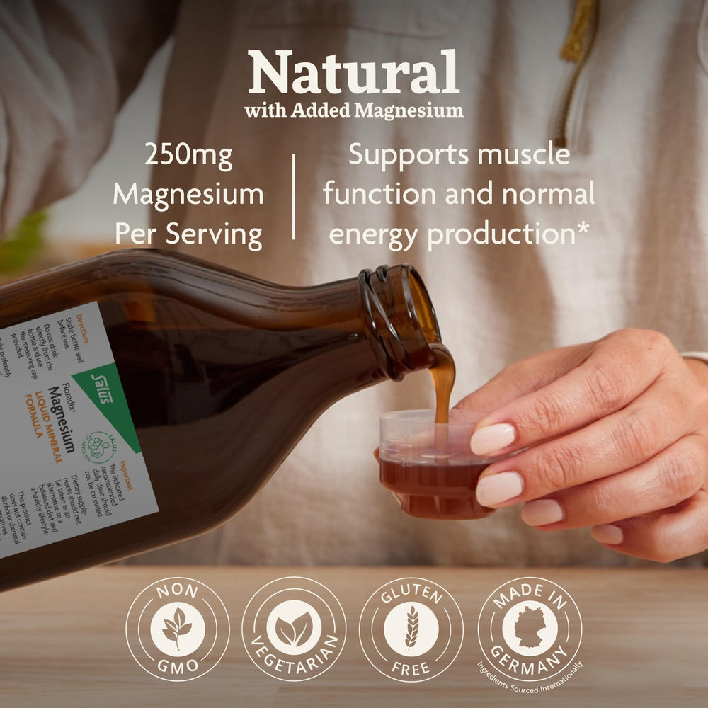 Floradix Magnesium liquid label view emphasizes ingredients and quality.