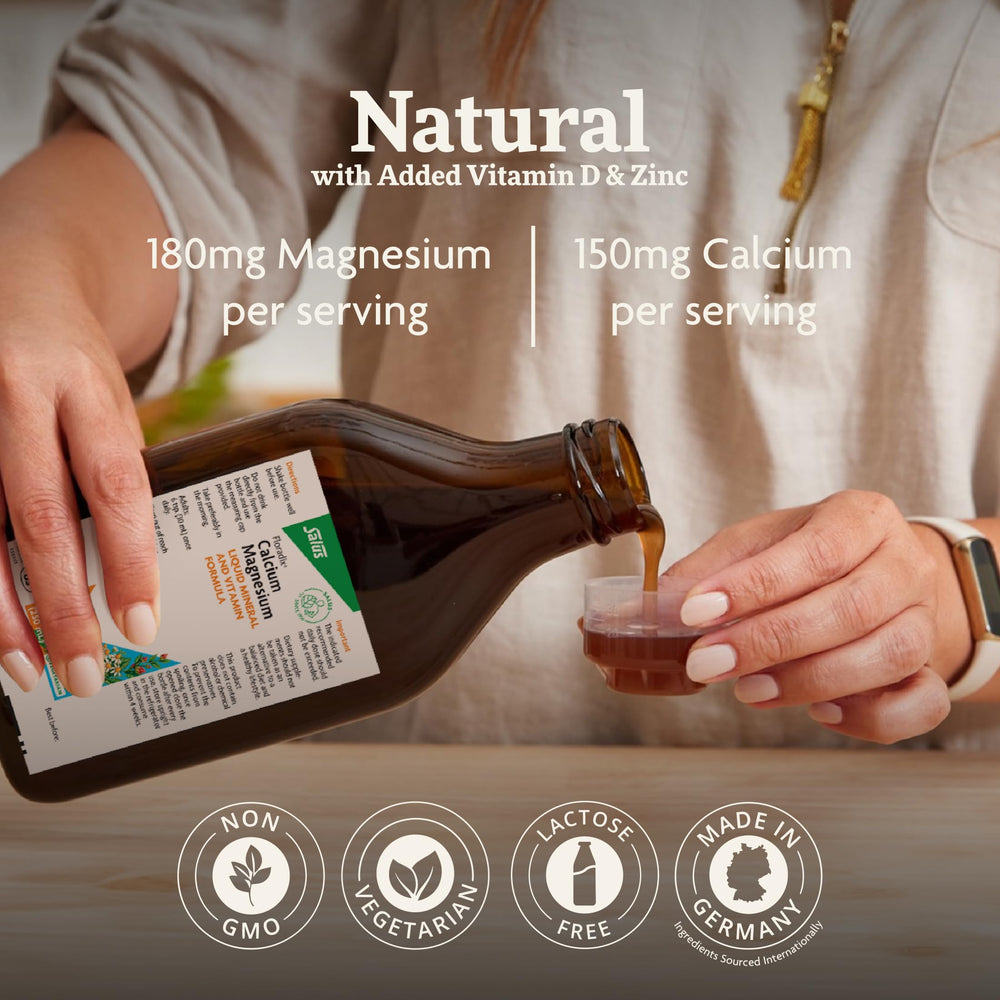 Floradix plant-based vitamin D bottle label emphasizes vegan bone nourishment options.