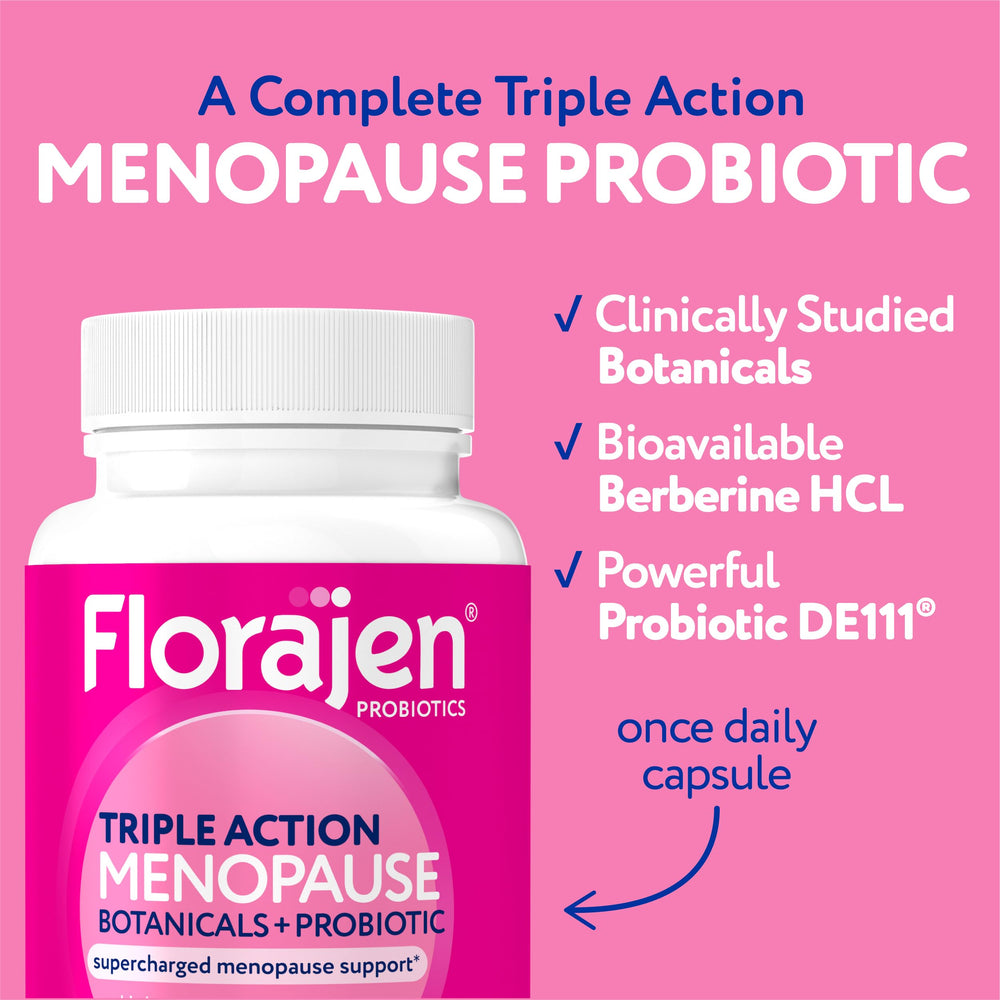 Florajen Triple-Action bottle label close-up, emphasizes a clean, hormone-free formula.