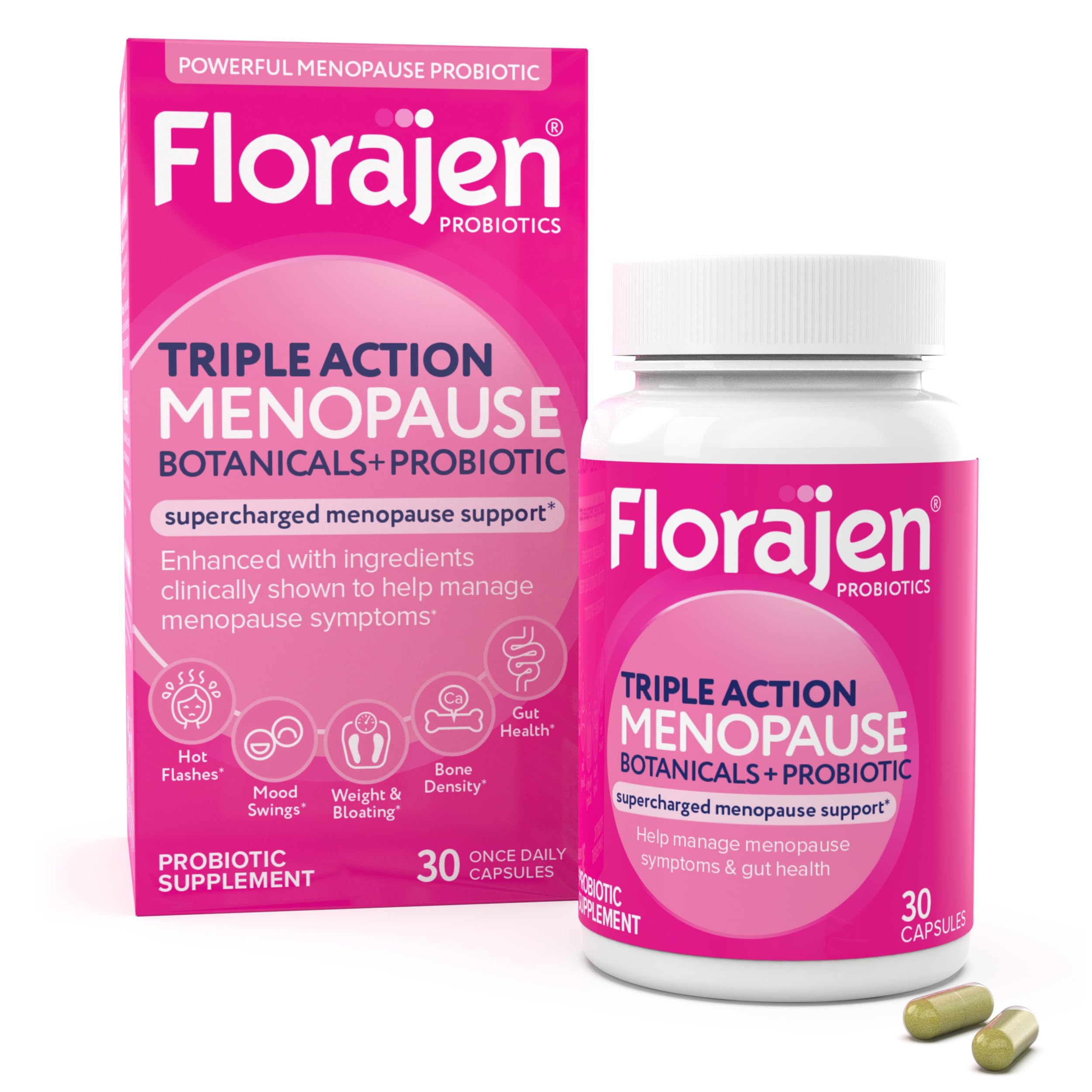 Florajen Triple-Action Menopause Probiotic bottle pour, a simple daily ritual for balance.
