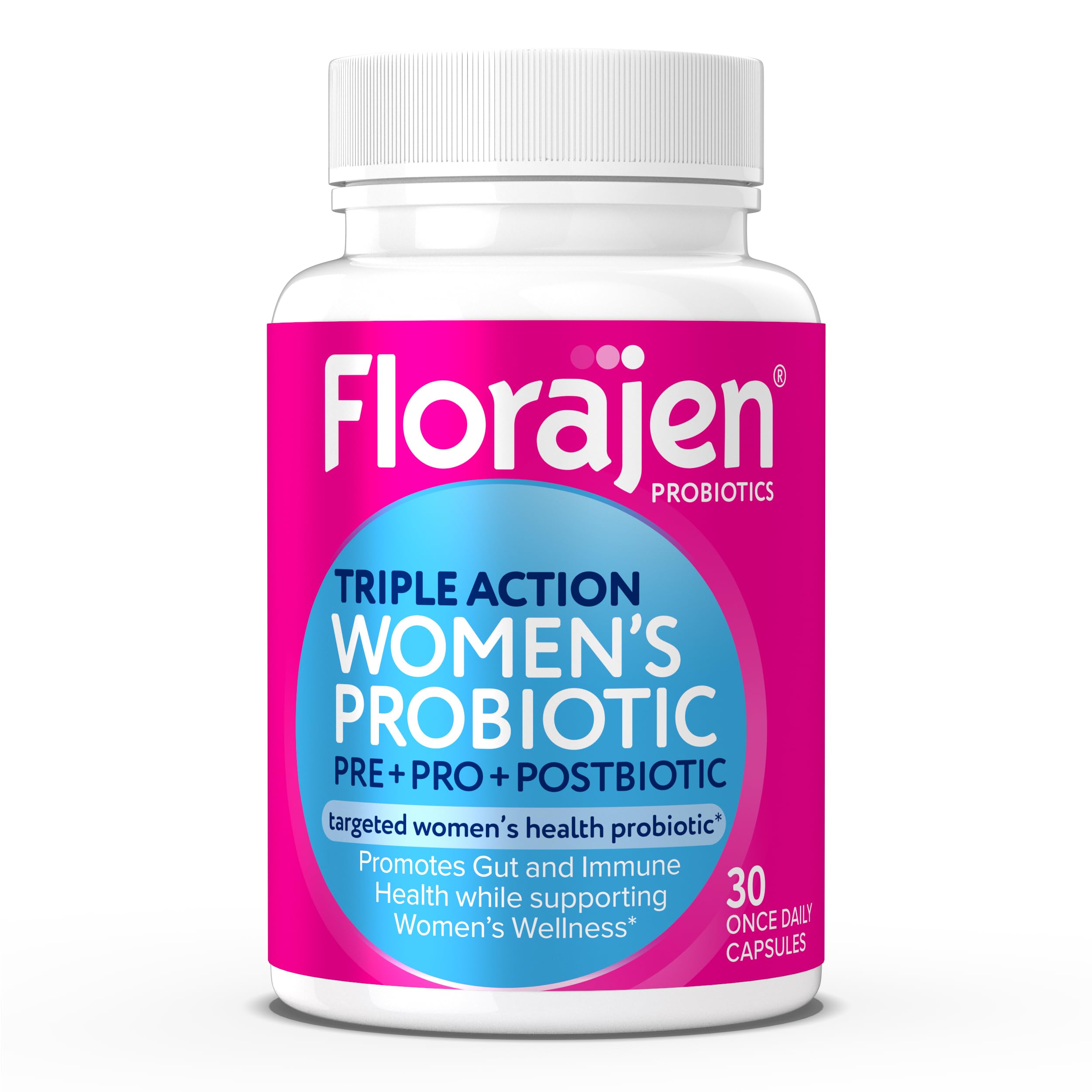 Florajen Women's Complete bottle label highlights vegan and gluten-free gut support.