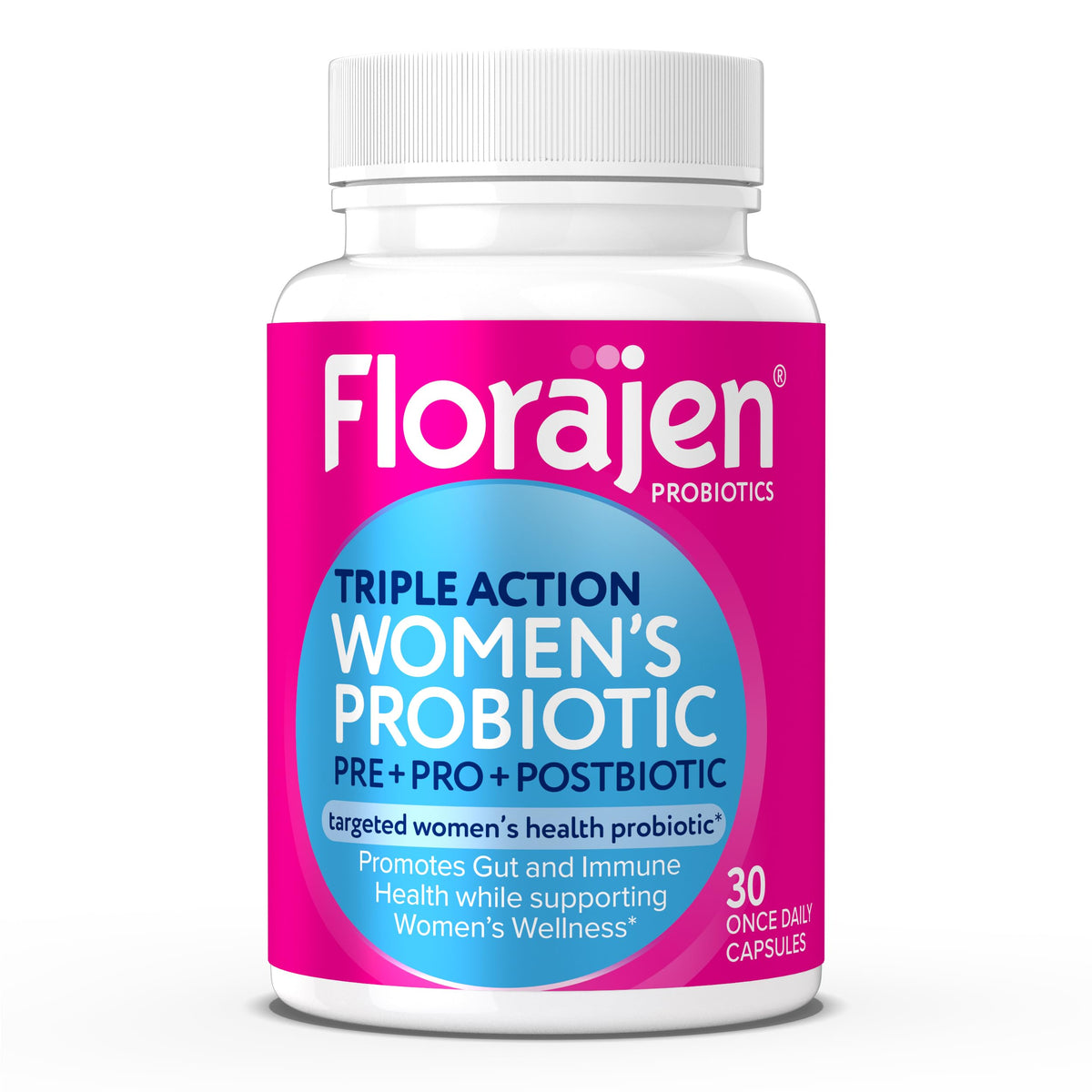 Florajen Women's Complete bottle label highlights vegan and gluten-free gut support.