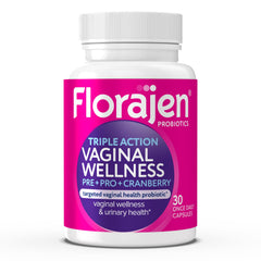 Florajen Women’s Triple-Action Probiotic bottle promotes digestive and immune balance.
