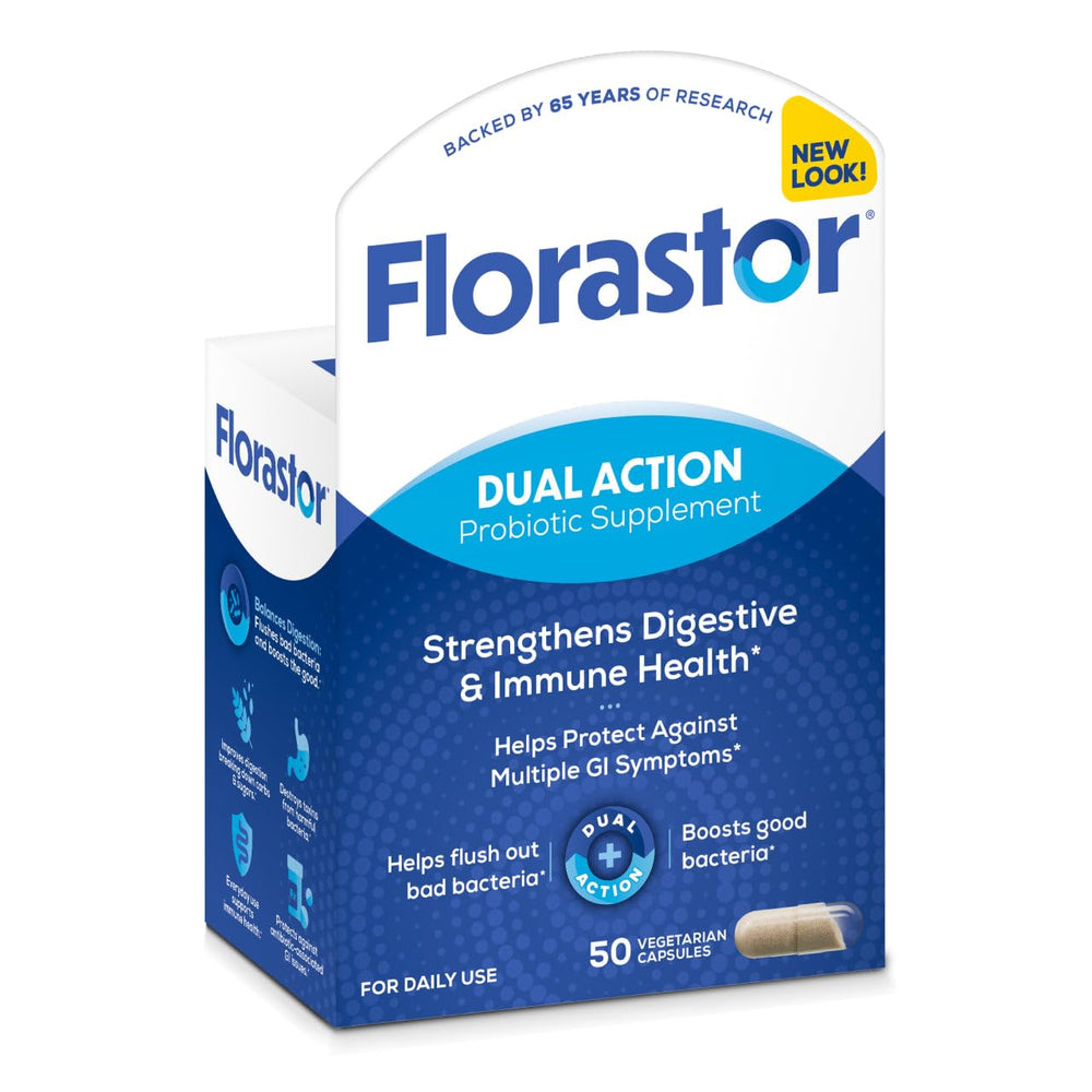 Florastor Dual Action bottle close-up showing capsules for digestive balance.
