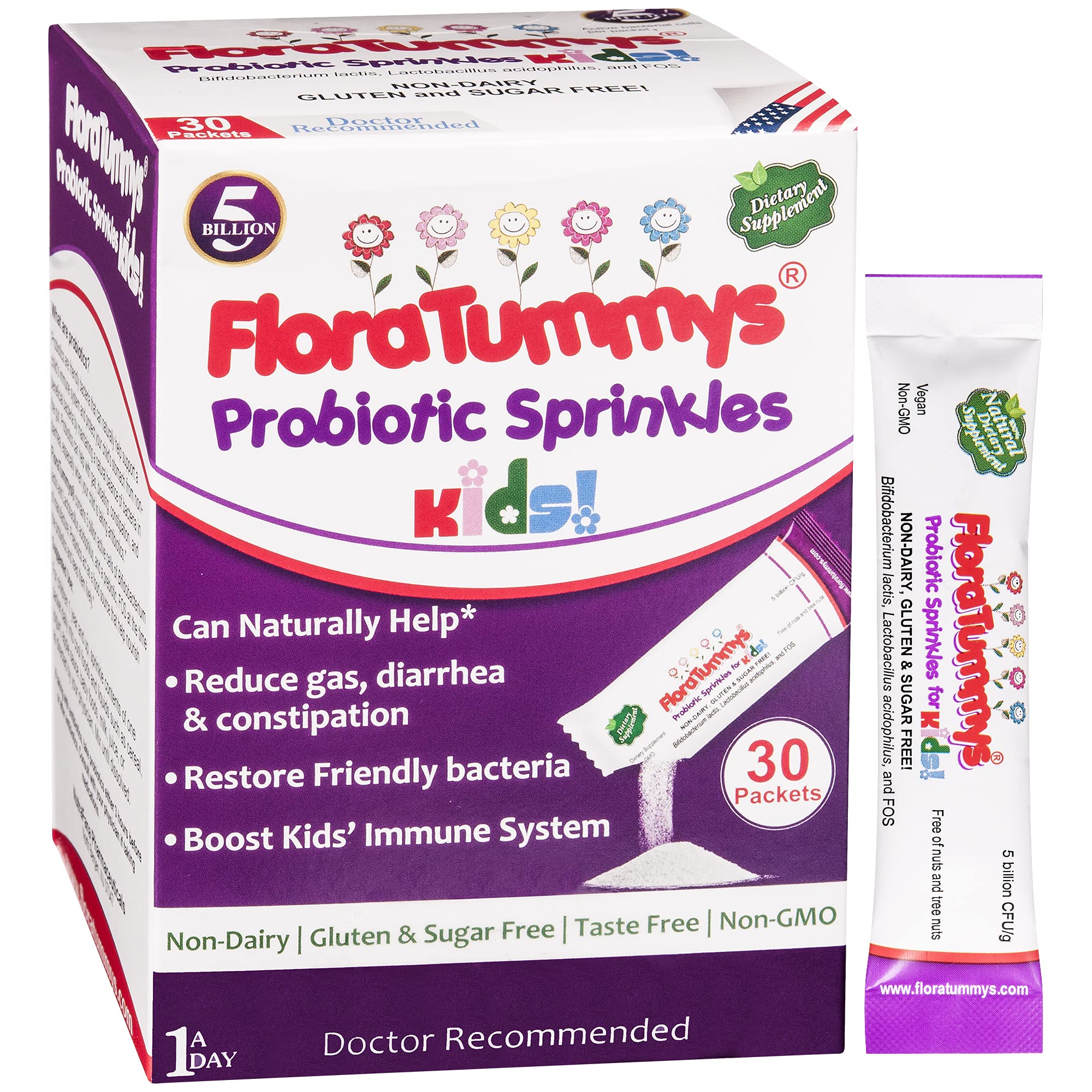 FloraTummys Kids taste-free packets for easy sprinkle in foods
