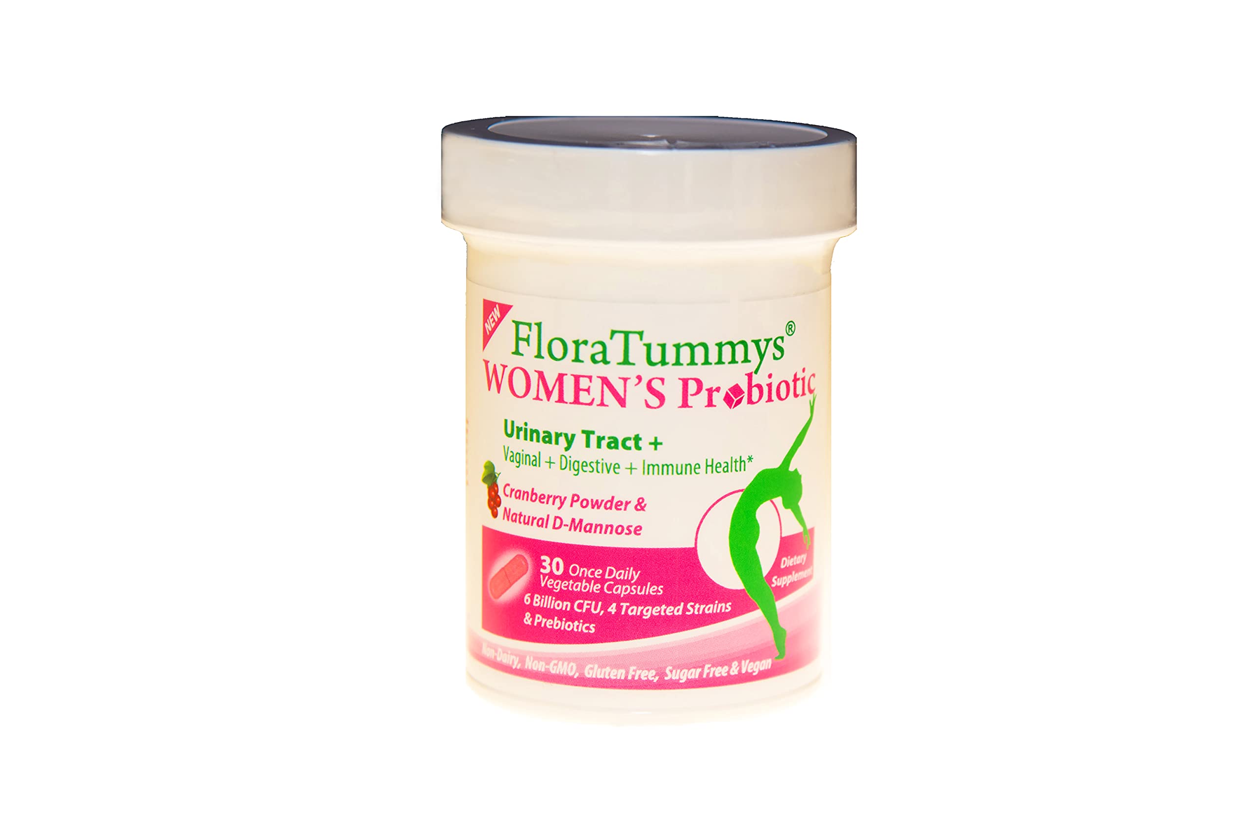 FloraTummys label closeup highlighting cranberry powder blend for urinary and digestive support