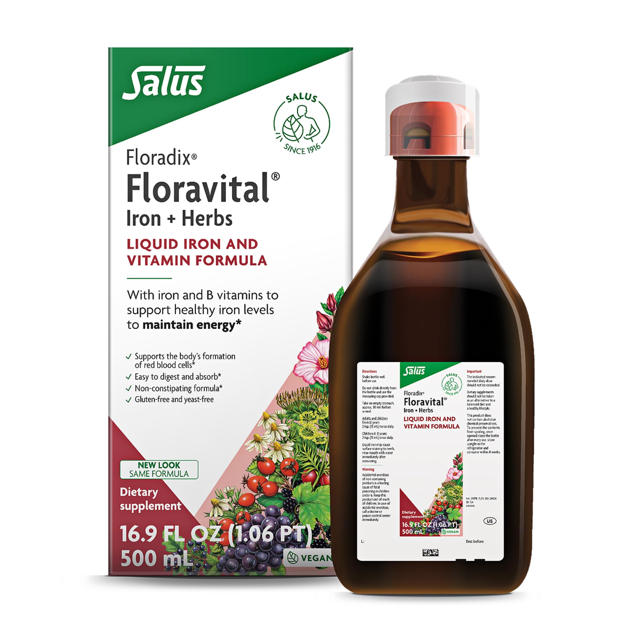 Floravital bottle on table ready for daily iron and energy support.