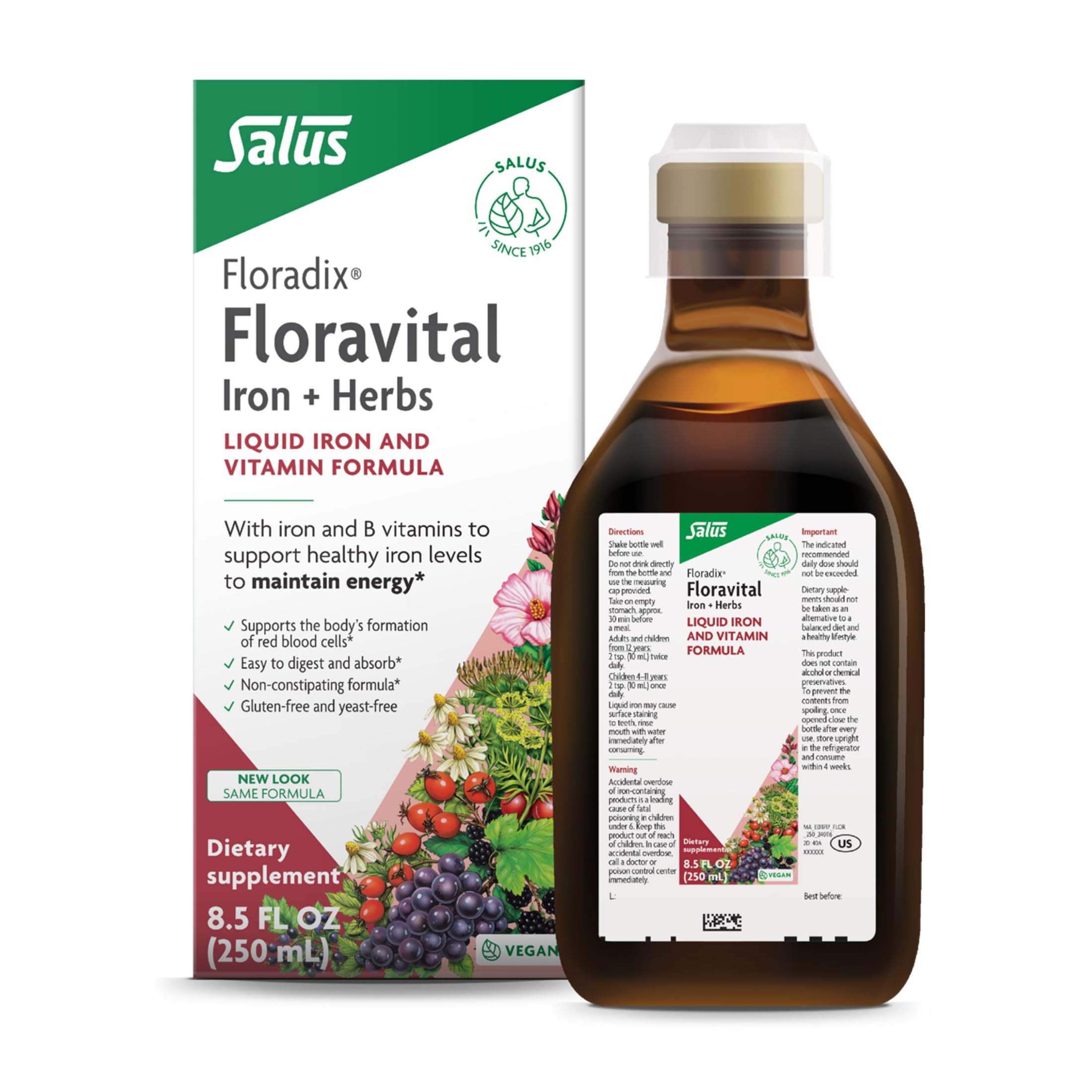 Floravital liquid iron bottle being poured for easy daily iron support.